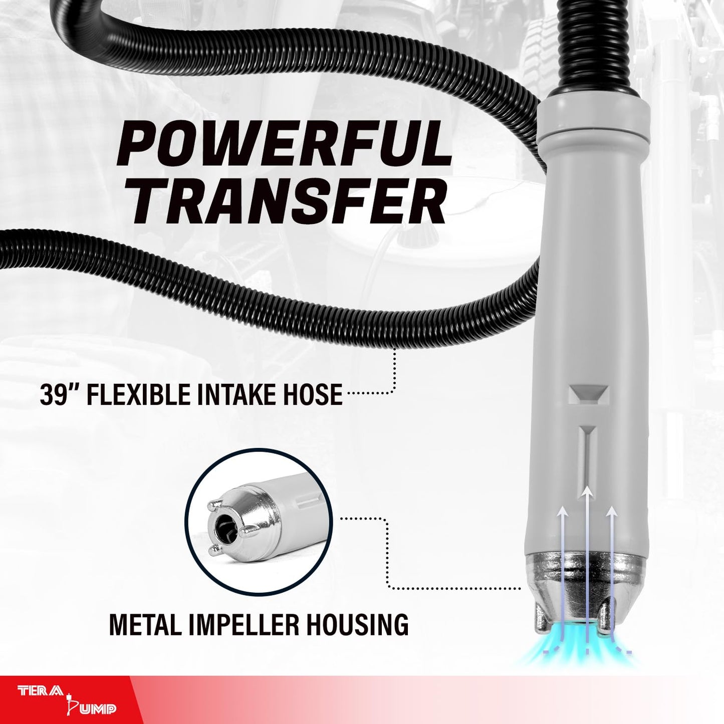 TERA PUMP - Large Automatic Electric Powered DEF Drum Pump with Flow Control Handle Nozzle for DEF, Antifreeze, Washer Fluid - 2.4 GPM Transfer Rate w/ 9.8ft Vinyl Hose and Screw On Bung Adapter