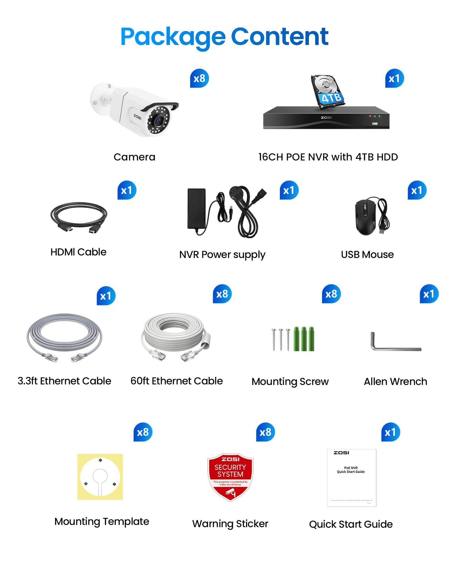 ZOSI 16CH 4K PoE Security Camera System, 8pcs 8MP Outdoor Metal Cameras with Audio, People Counting, Person/Vehicle Detection, Night Vision, 16 Port 32CH NVR with 4TB HDD for Business 24/7 Recording