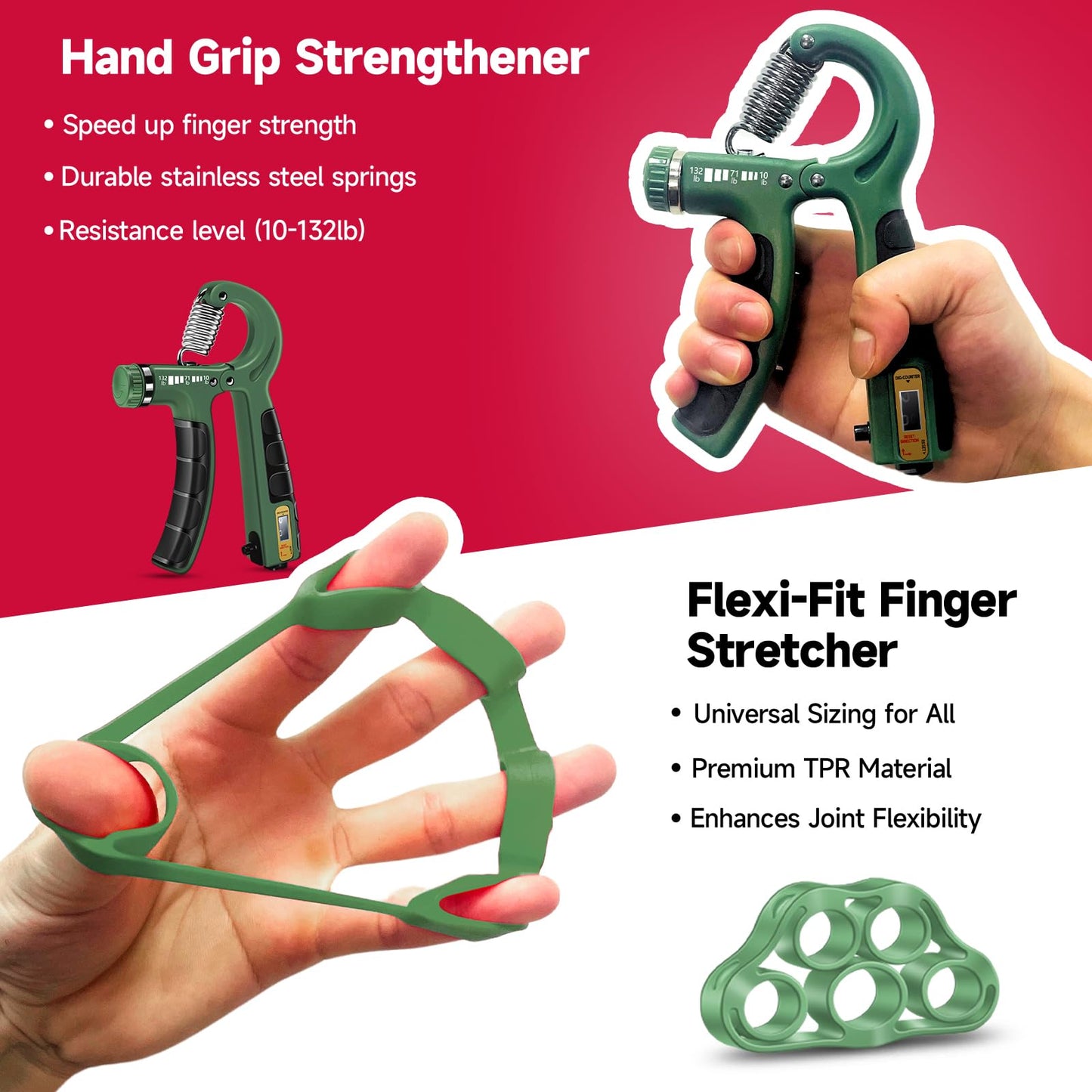 FitBeast Hand Grip Strengthener Workout Kit (5 Pack), 2 Forearm Grip Adjustable Resistance Hand Gripper, Finger Stretcher, Grip Ring & Stress Relief Grip Ball for Athletes, Dark Green