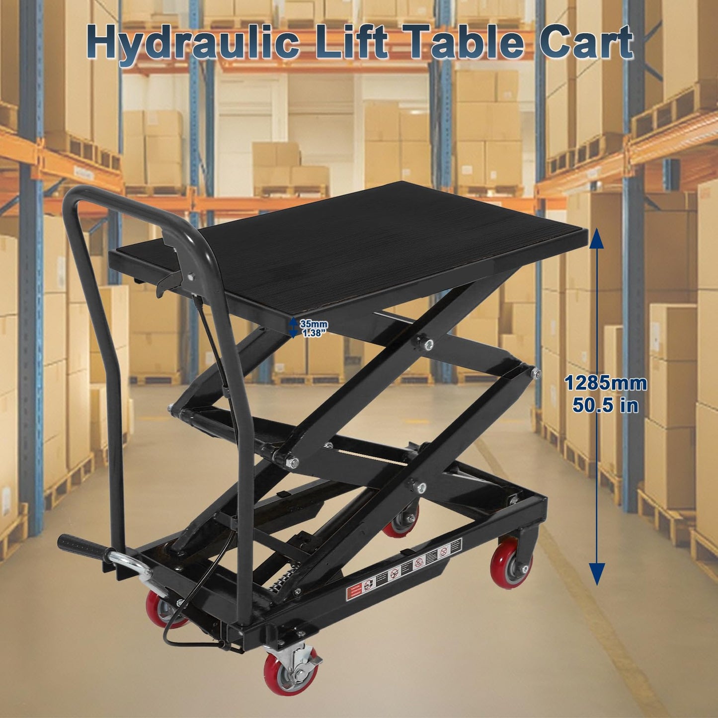 Hydraulic Lift Table Cart, Double Scissor Manual Lift Cart, 12-50.5 in Lifting Range, 330 LBS Capacity, Industrial Lifting Table with Wheels for Warehouse Shop,Black