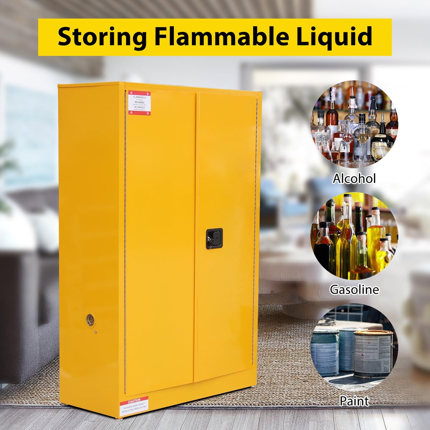 45 Gallon Flammable Safety Cabinet, Industrial Yellow Steel Storage for Flammable Liquids, Fireproof Double-Wall Design with 2 Adjustable Shelves, Manual Close Doors & Dual Vents, OSHA Compliant