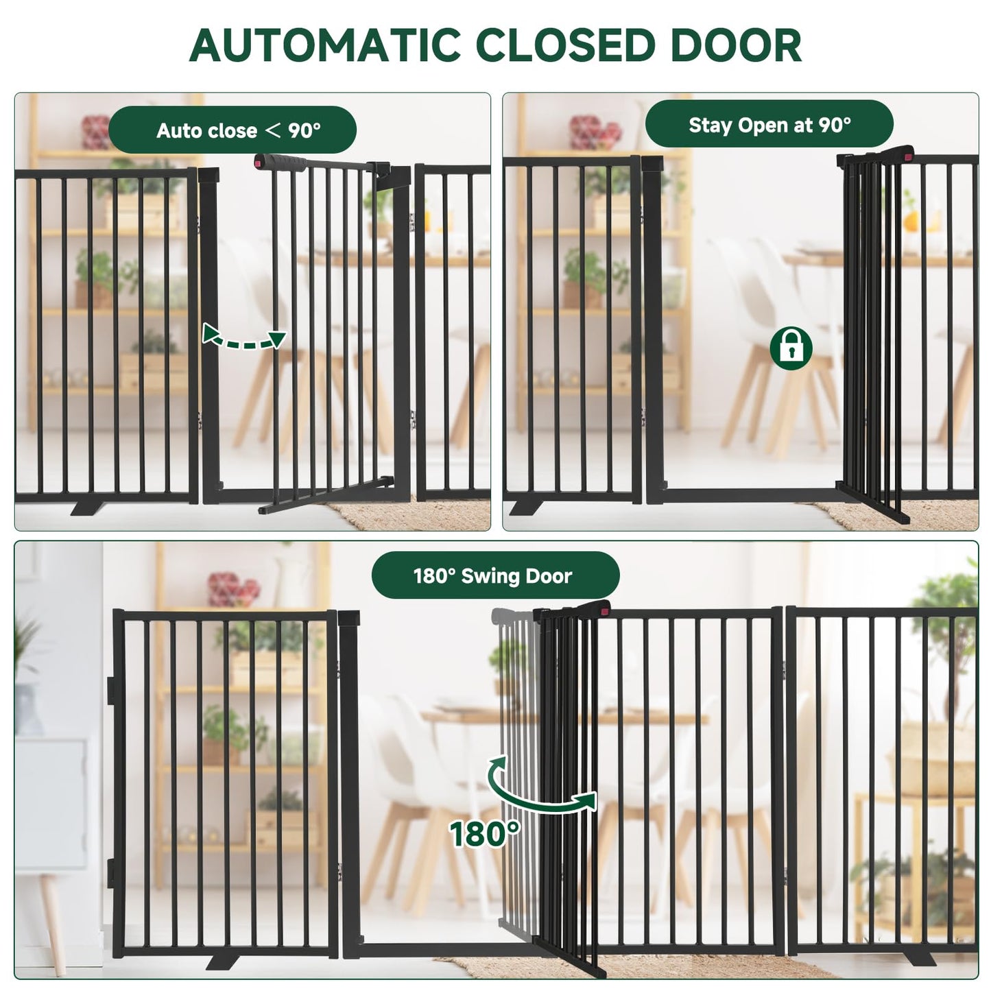 Snagle Paw Full Metal Freestanding Dog Gate with Door, 120” W x 32” H Pet Gate with Support Feet for Doorways, Stairs and Hallways, Portable Dog Fence for Indoor Use (32" 6 Panel, Black)