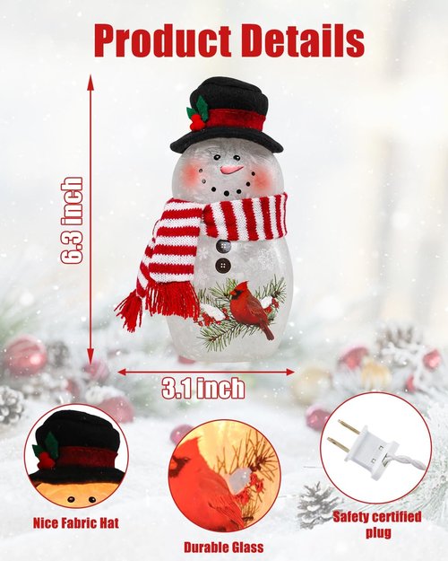 Bdor Snowman Christmas Decoration - 6.3 Inch Glass Figurine with Cardinal & Red Scarf | Warm Glow Holiday Décor