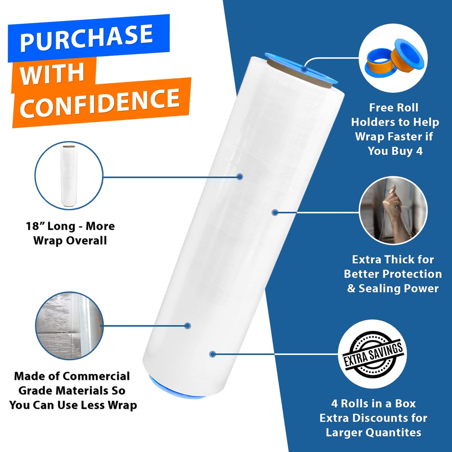 4 Rolls x 18" x 1500 Feet x 80 Gauge Clear Commercial Grade Heavy Duty Plastic Stretch Film Shrink Wrap | Industrial Strength Durable | Shipping Moving Packing Logistics | Holder Included