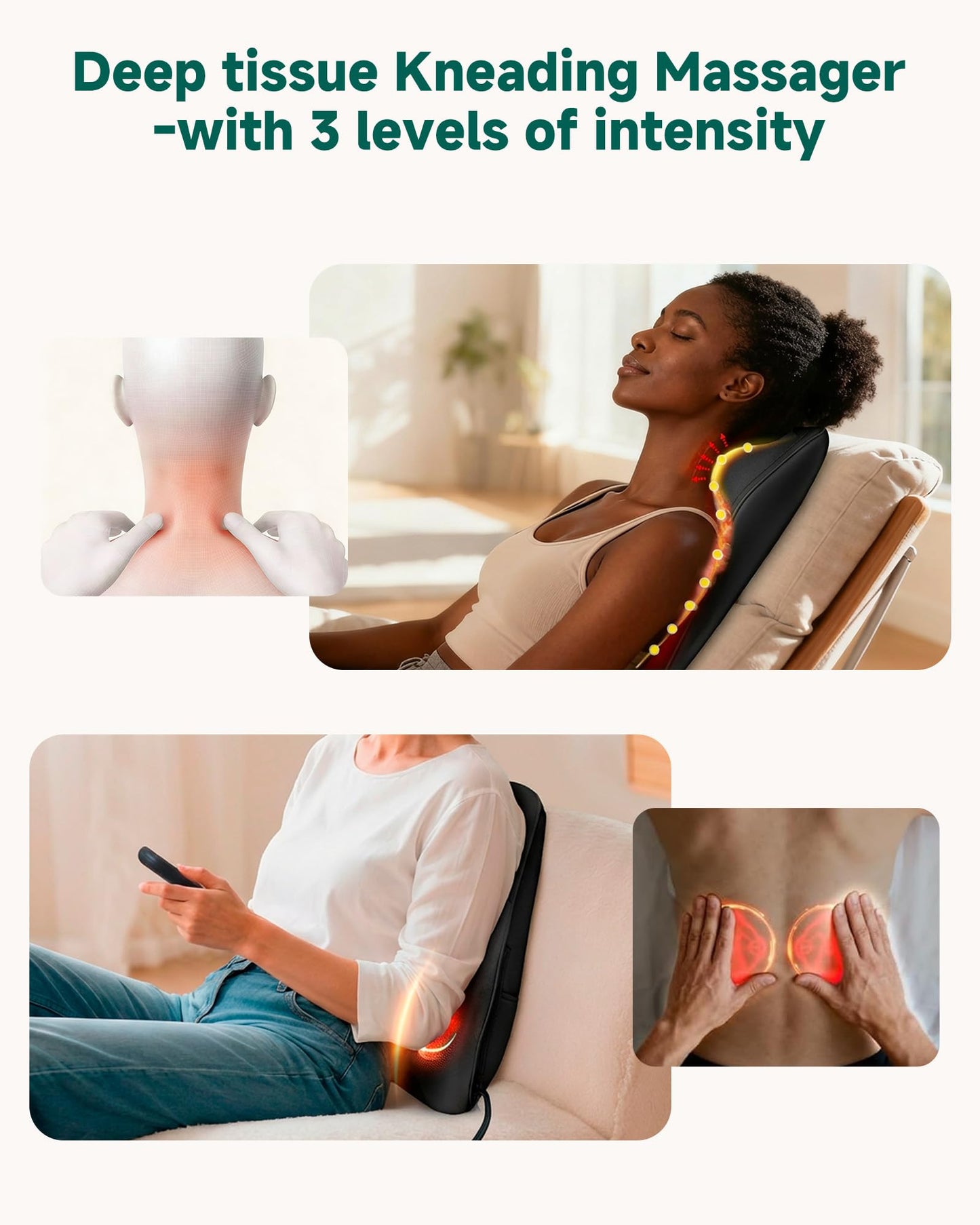 Snailax Shiatsu Back Massager with Heat, Neck Shoulder Massager for Pain Relief Deep Tissue, 4D Kneading Back Massage Pillow, 3 Speed/3 Modes Portable for Home Office Car Use