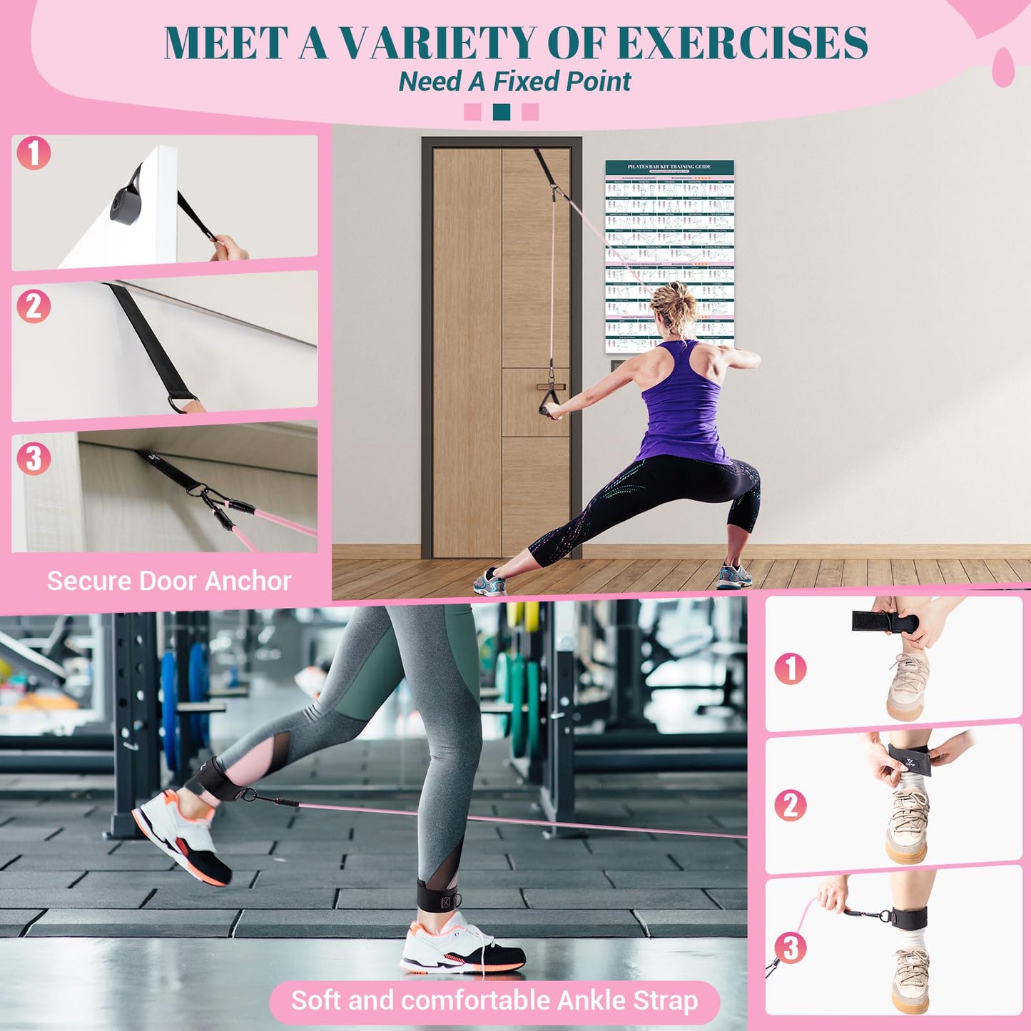 Pilates Bar Kit with Resistance Bands, Multifunctional Yoga Pilates Bar with Heavy-Duty Metal Adjustment Buckle, Portable Home Gym Pilates Resistance Bar Kit for Women Full Body Workouts -Pink