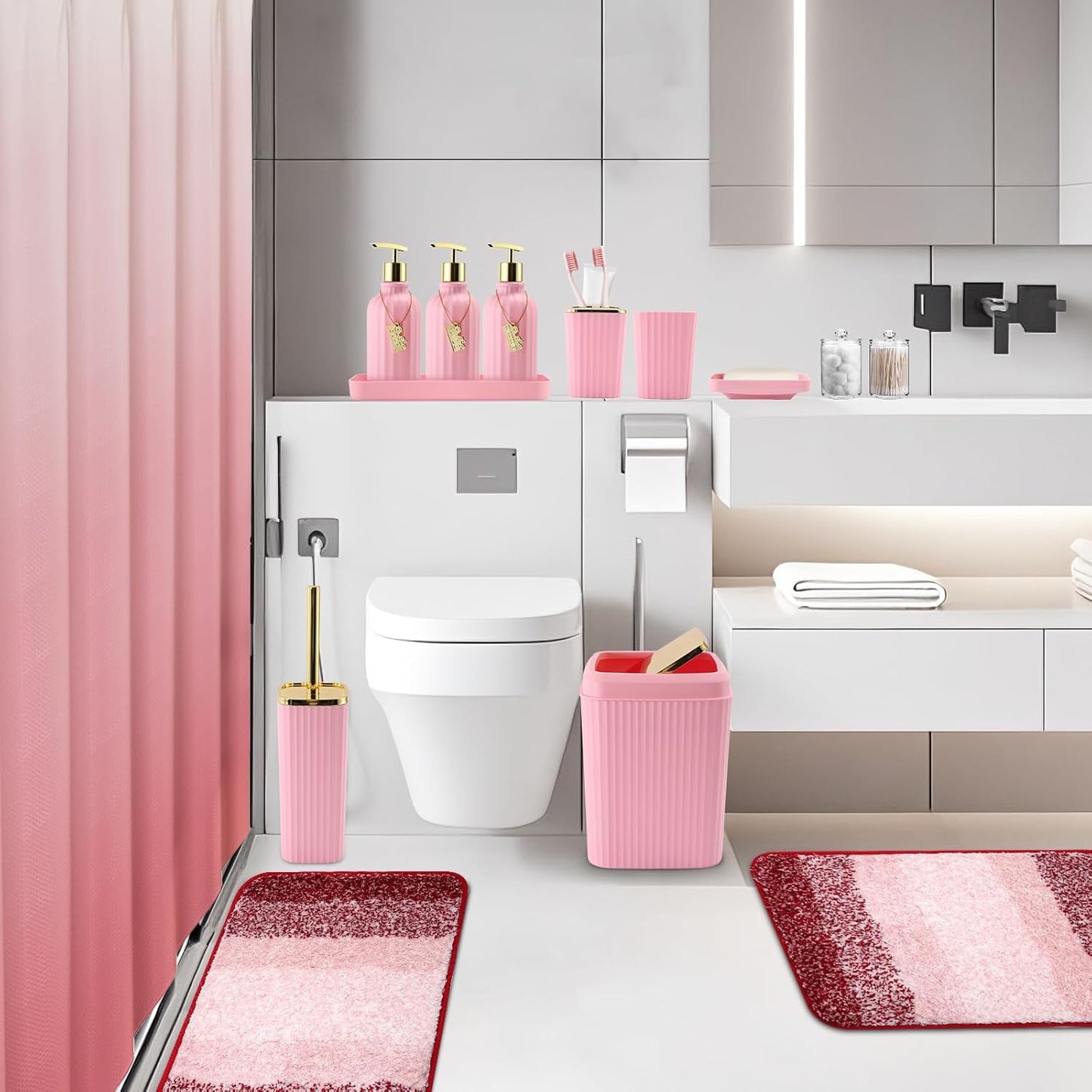 WSBArt 32PCS Bathroom Set - Pink Shower Curtain, Rugs & Trash Can - Complete Bathroom Accessories