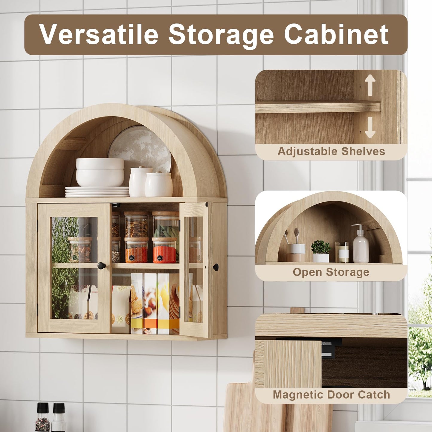 ChooChoo Arched Wall Cabinet with Acrylic Doors, Bathroom Cabinet Wall Mount Over The Toilet with Display Shelf, Wooden Storage Cabinet for Kitchen, Living Room or Entryway, Natural