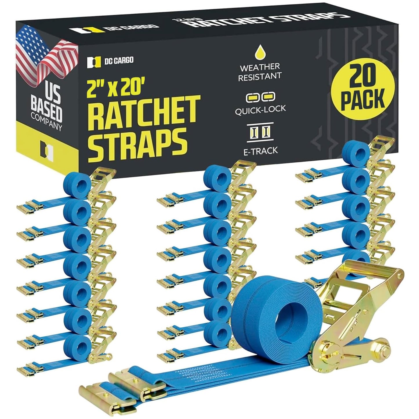 E Track Ratchet Straps Cargo Tie-Downs, (Pack of 20) 2 x 20 Heavy Duty Blue Tie-Down Rachet Straps, Strong Ratchet Strap, E Track Spring Fittings, Tie Down Motorcycle