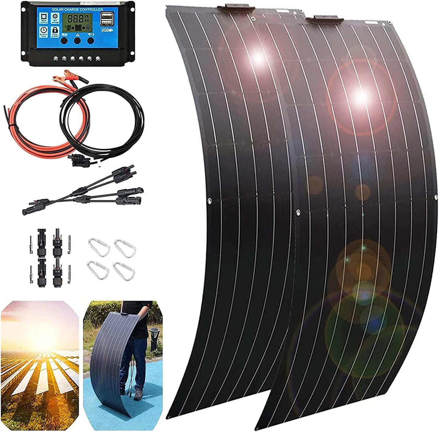 1000 Watt Solar Panel Kit, 2 × 500 Watt Flexible Solar Power Panel Photovoltaic Module with 40A Solar Charge Controller Monocrystalline Solar Panel for Camping Off Grid Battery Charging Boat