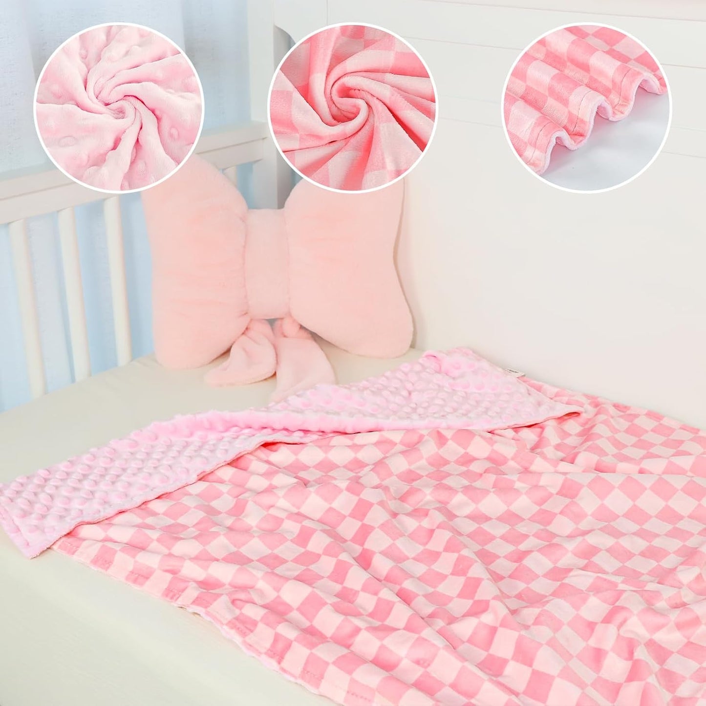 Skiennix Baby Blanket - Double Layer Toddler Blanket with Dotted Backing | Pink Checkered, 30x40 Inches