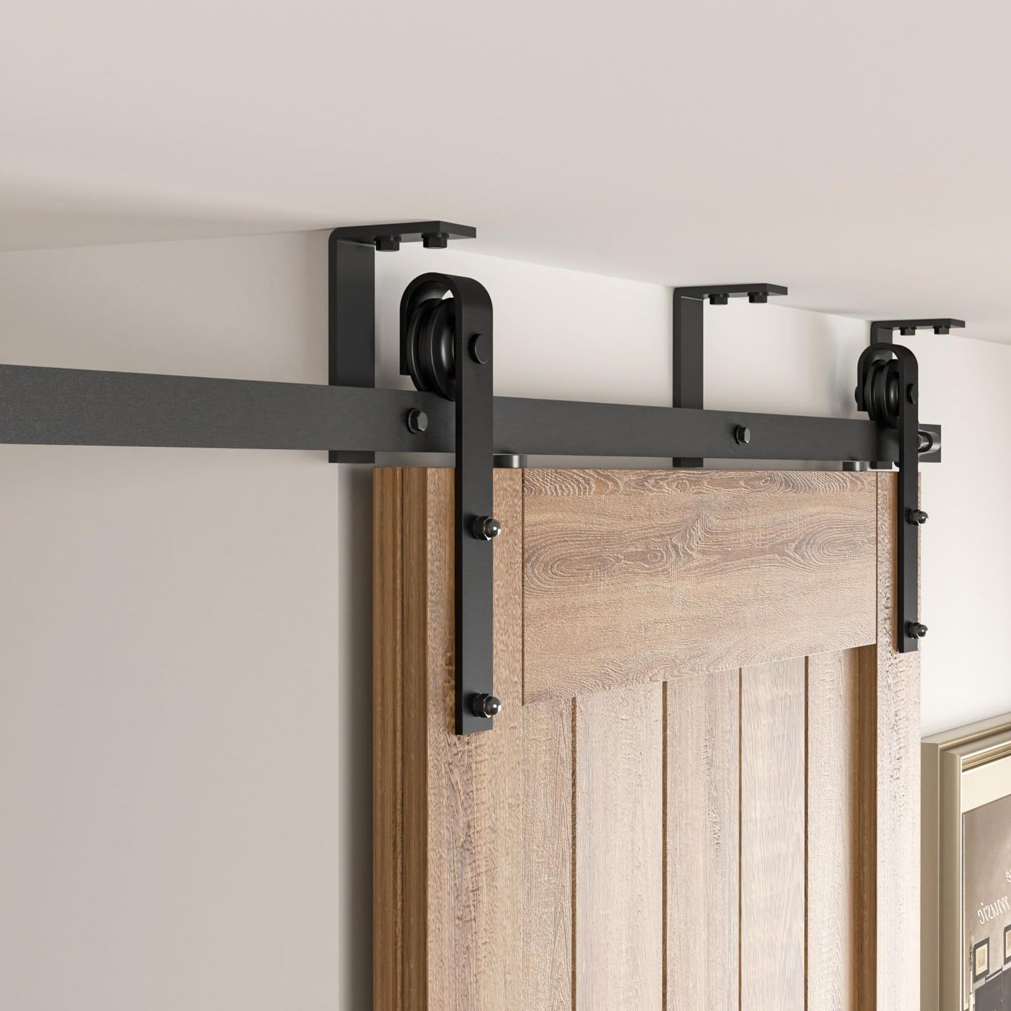 CCJH 7FT Ceiling Mount Bracket Sliding Barn Door Hardware Kit Black,Strong Bearing, Low Ceiling L-Shape Bracket System, Fit 42" Wide Single Door Panel (Basic Style)