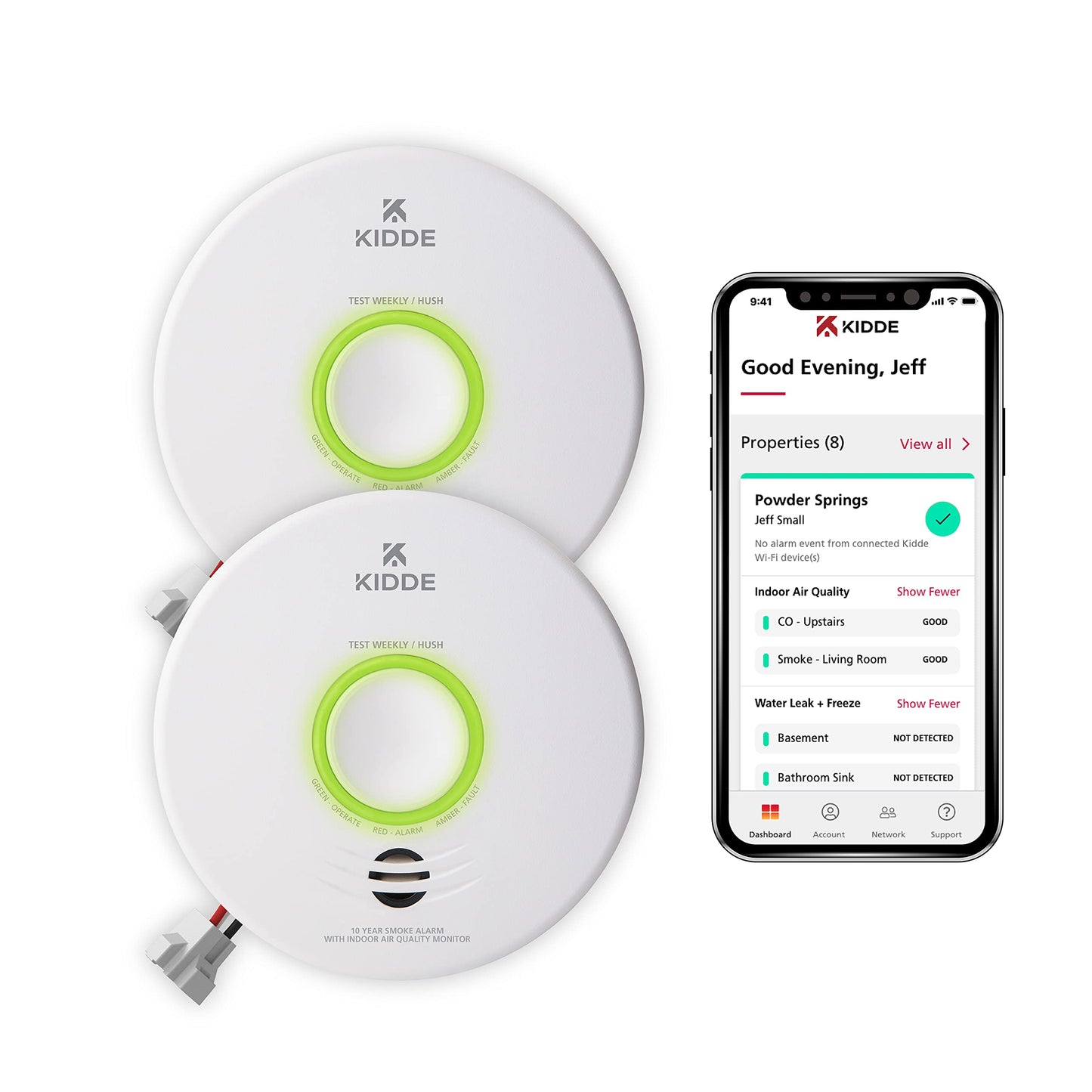 Kidde Smart Smoke Detector & Indoor Air, Quality Monitor, WiFi, Alexa Compatible Device, Hardwired w/Battery Backup, Voice & App Alerts, 2 Pack