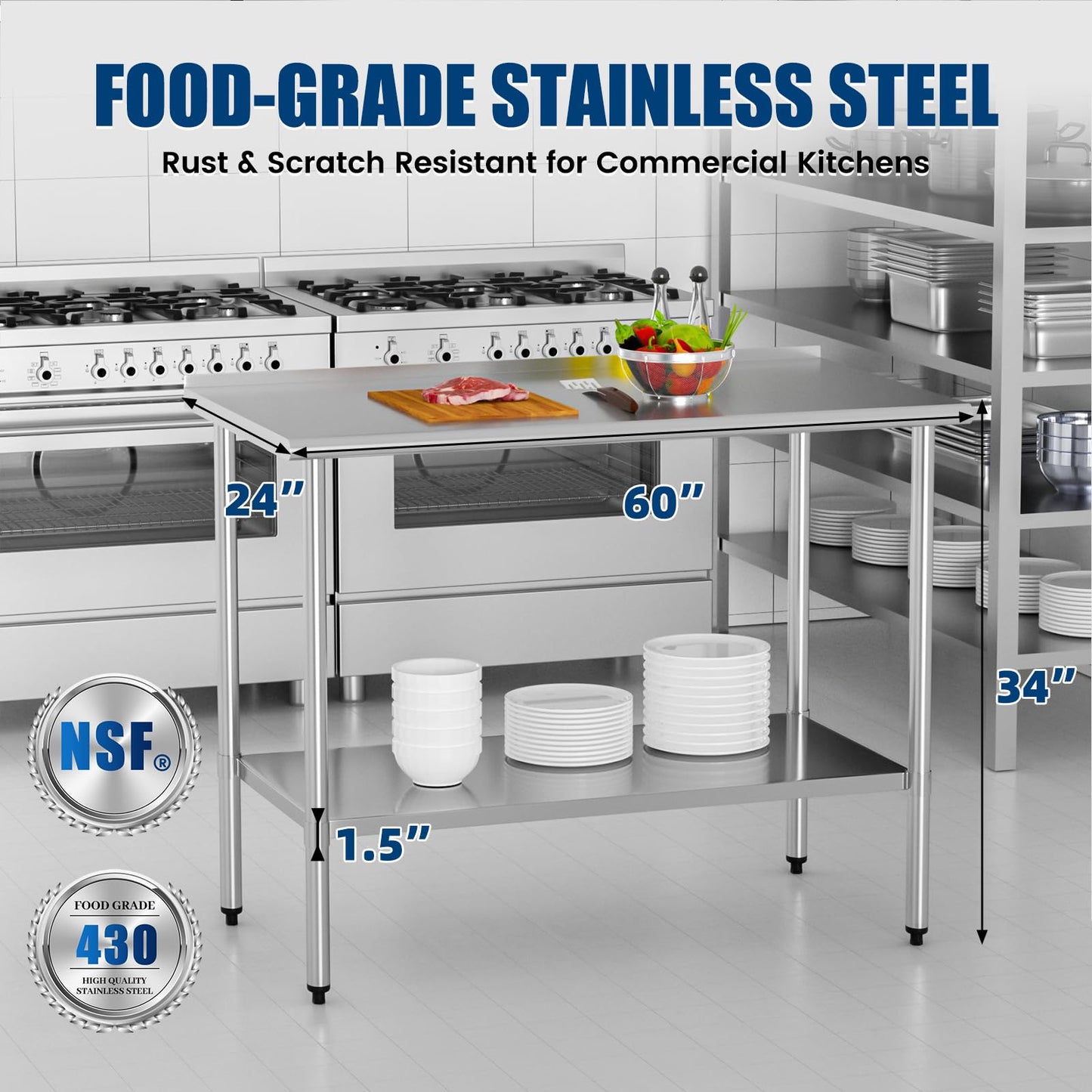 Chingoo Stainless Steel Work Table 24x60 Inch with Adjustable Undershelf & Backsplash, Heavy-Duty Prep Table for Commercial Kitchen, Restaurant, Garage, Outdoor