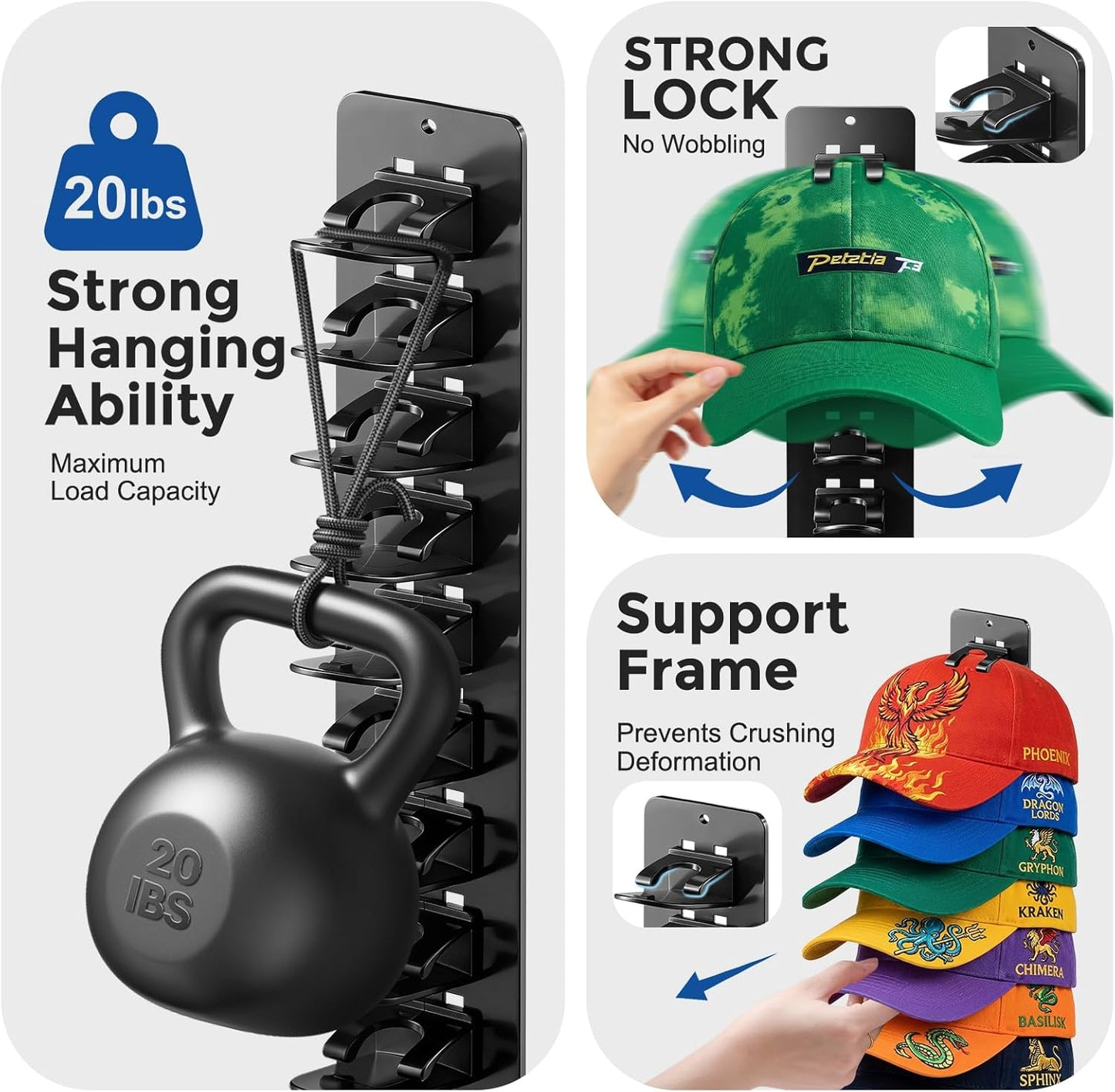 Skiennix Hat Hook Organizer - 2 Pack Baseball Cap Hanger with Strong Adhesive | Multi-Layer Storage for 20 Caps - Black