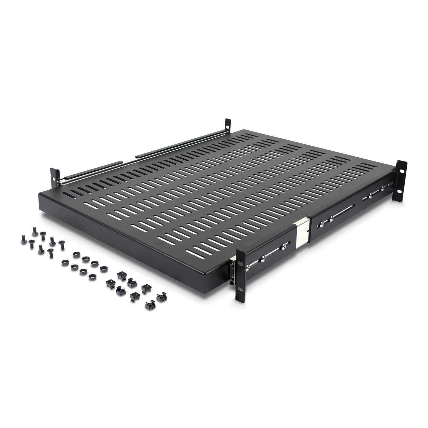 StarTech.com 2U Sliding Server Rack Mount Shelf - 20 to 30in Adjustable Mounting Depth - Vented - 50lb - Heavy Duty Universal 19” Rack Shelf for Equipment Rack - 24in Deep (UNISLDSHF19)