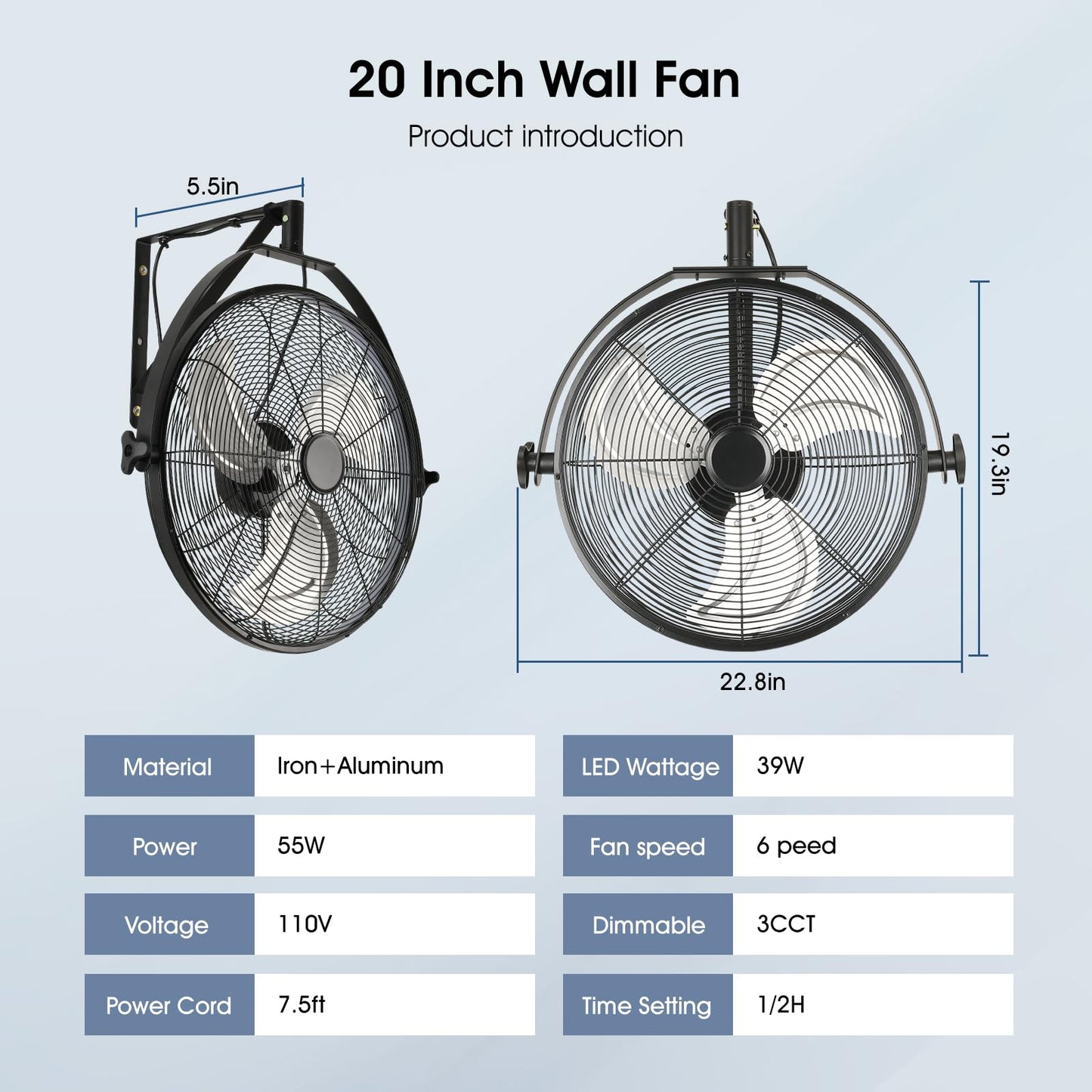 AHAWILL 20 Inch Wall Mount Fan with Lights,6-Speed High Velocity Wall Fan Dimmable Gazebo Fan,360°Adjustable Tilt Industrial Outdoor Fans for Patio,Garage,Workshop,Commercial,Black