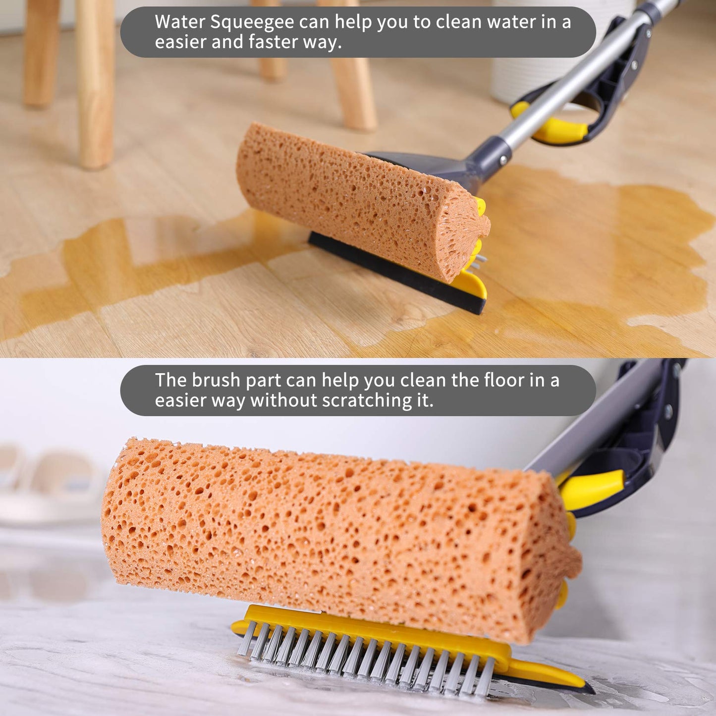 Yocada Sponge Mop Home Commercial Use Tile Floor Bathroom Garage Cleaning with Squeegee and Extendable Telescopic Long Handle 42-52 Inches Easily Dry Wringing