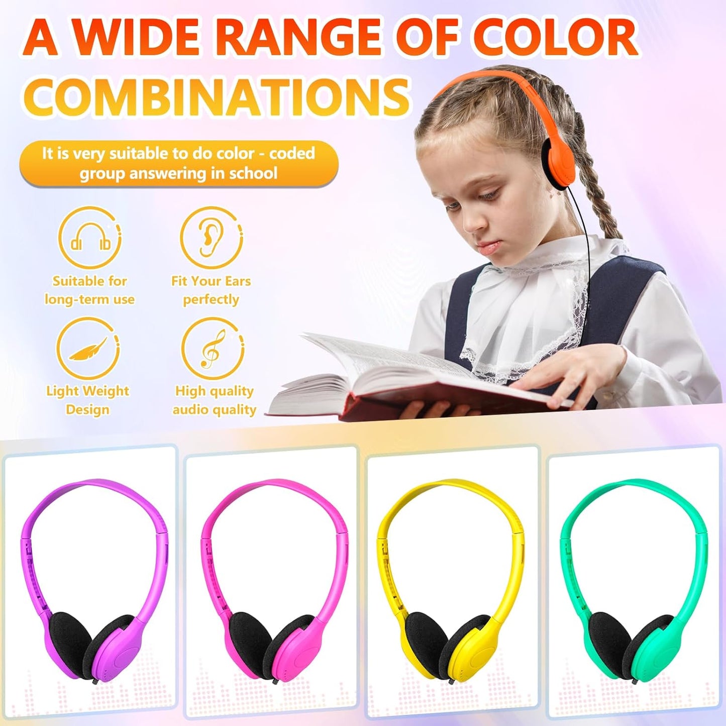 Set 20 Pack 3.5 mm Class Headphones for Kids Students School Classroom Bulk Headphones Adjustable with Jack for Library