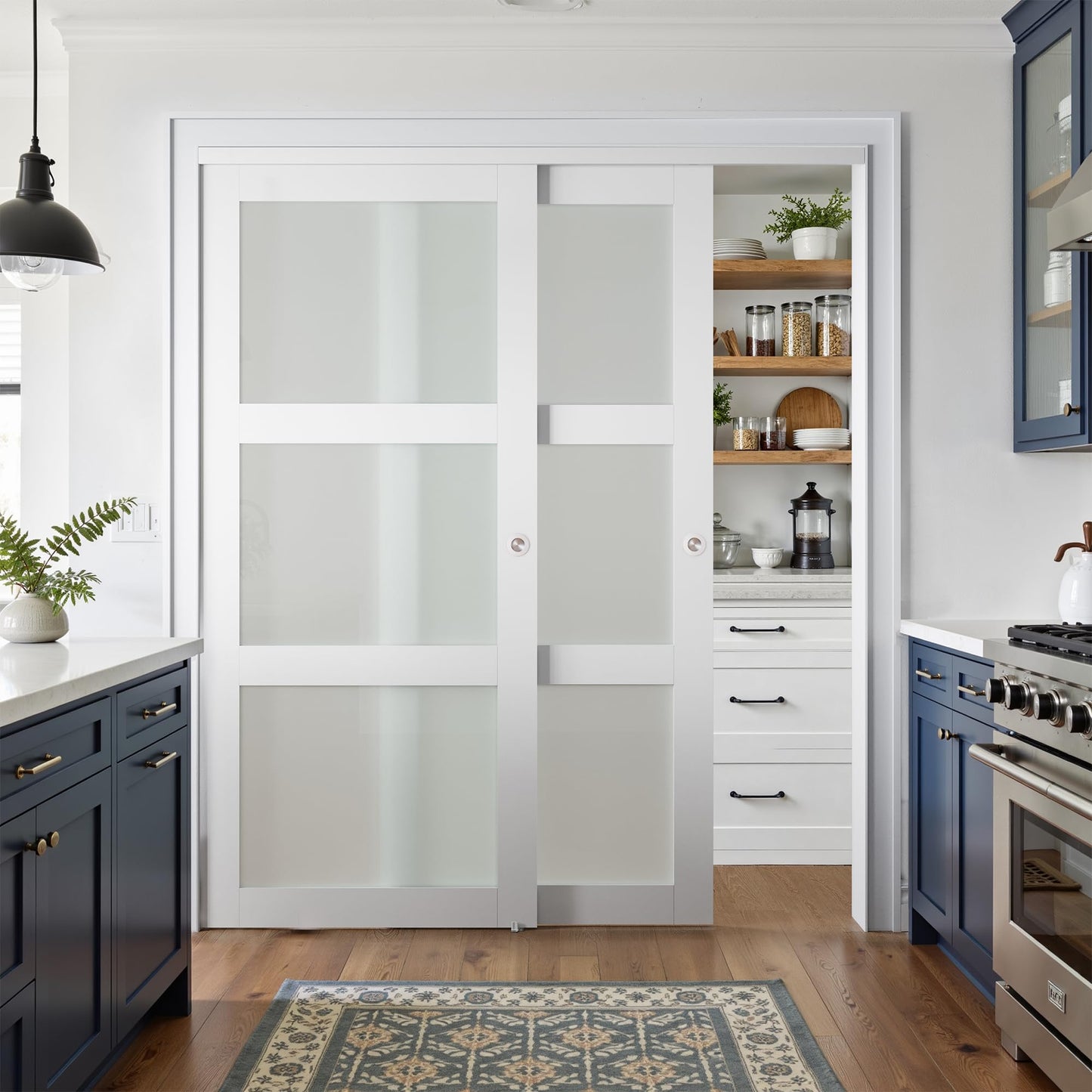 COSHOMER Sliding Closet Door for 72" x 80" Opening, 3-Lite Frosted Glass MDF Barn Door with Hardware Kit Set, Door Panels Need to Assemble, White