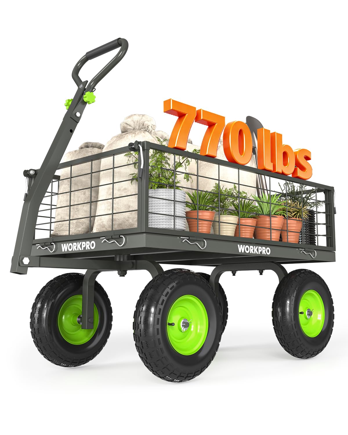 WORKPRO Large Heavy Duty Garden Cart 770 lb, 2-in-1 Convertible Utility Wagon with Removable Sides, 180° Tow Handle for ATV or Lawn Tractor, 270° Steering, Extra Large Yard Cart with All Terrain Tires