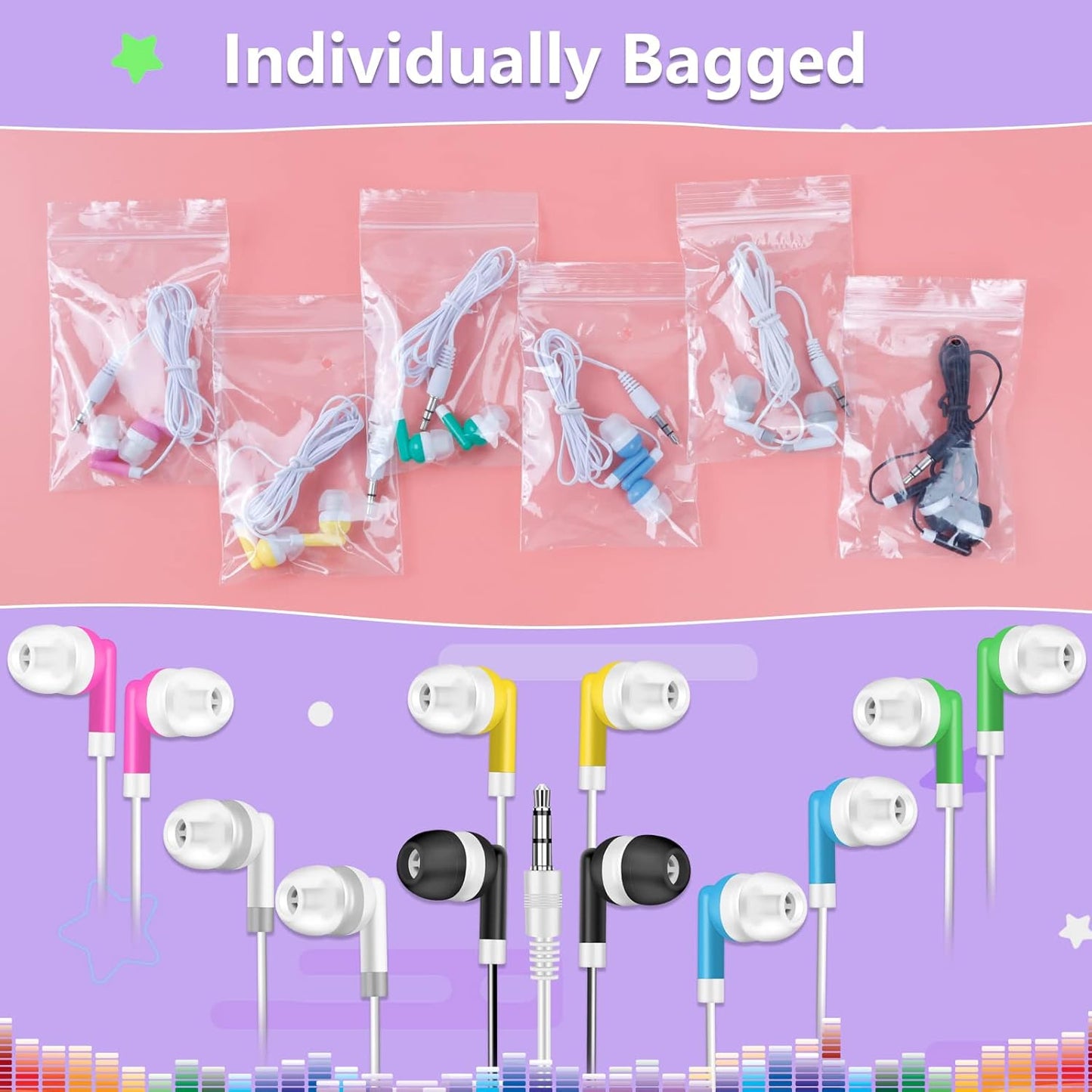 50 Pack (6 Kids Bulk Earbuds Headphones Multi Colored Wholesale Wired Earphones Perfect for School Classroom Libraries