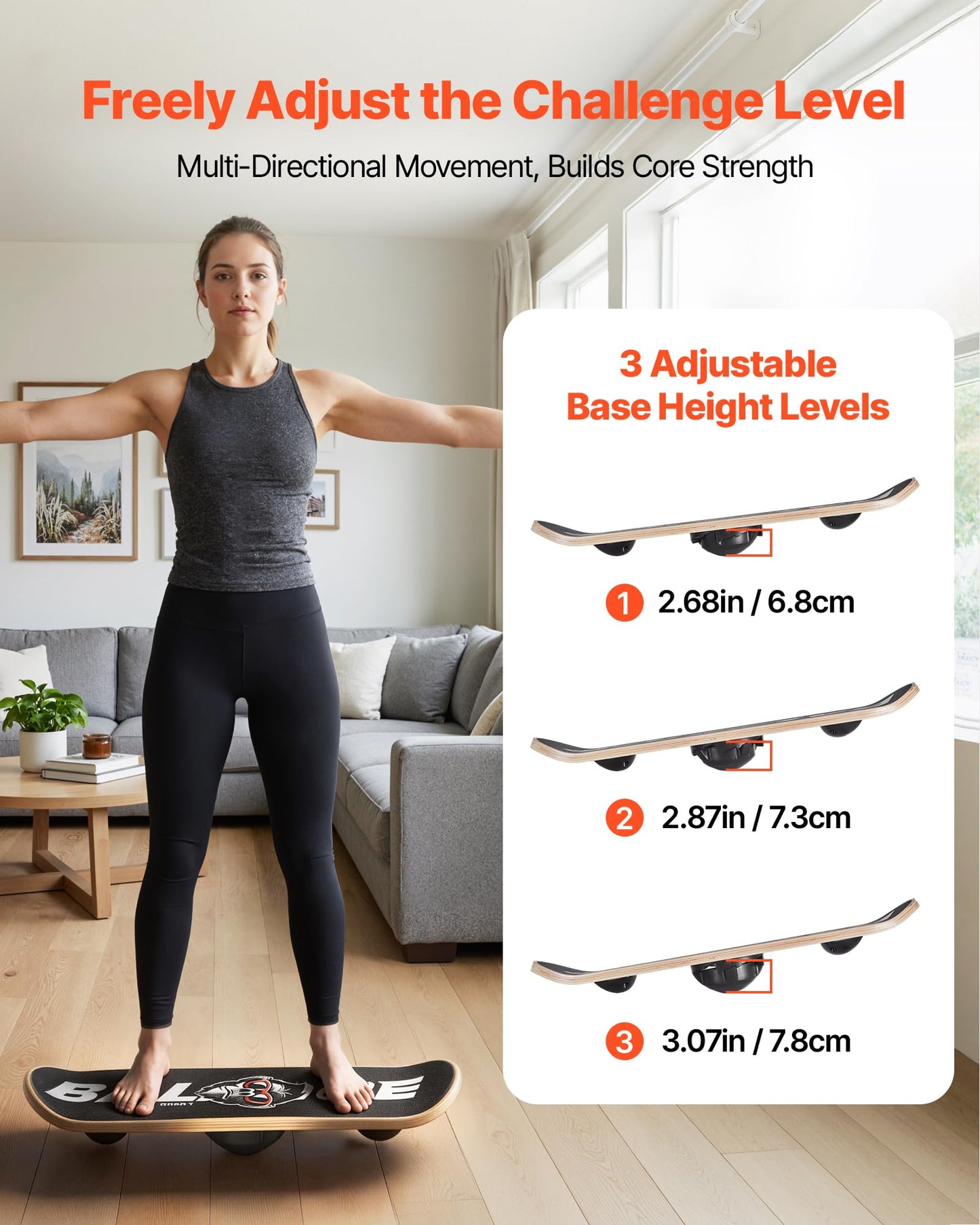 VEVOR Balance Board, Wobble Board Trainer for Adults 3-Level Adjustable Base, Premium Wooden Balance Training Equipment, Slip-Resistant Surface for Core Workout, Standing Desk Exercise, Home Gym, Yoga