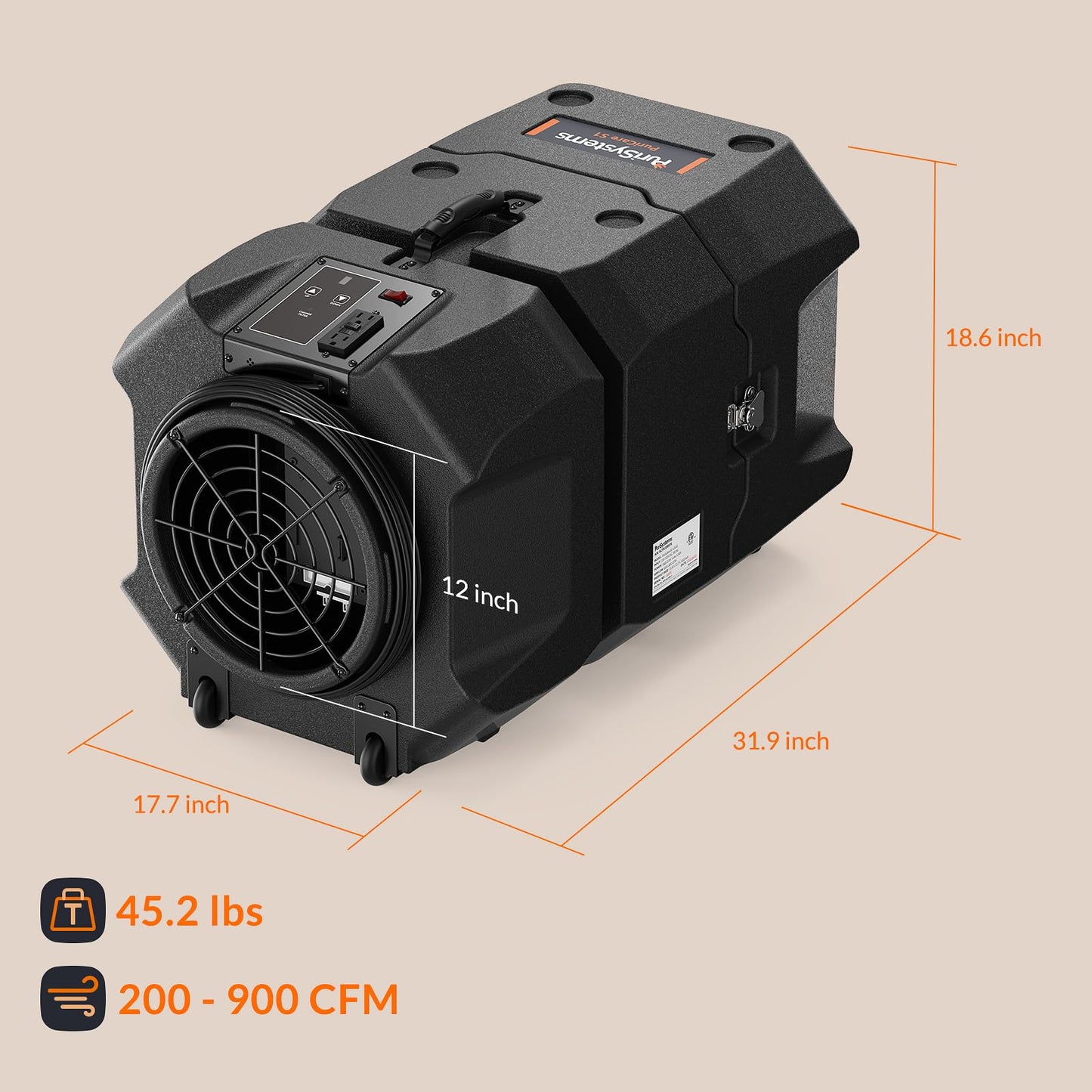 PURISYSTEMS 900 CFM Air Scrubber Commercial, Portable Industrial Air Purifier with HEPA/Activated Carbon Filter, 5-Speed, Stackable, GFCI Outlet, Negative Air Machine