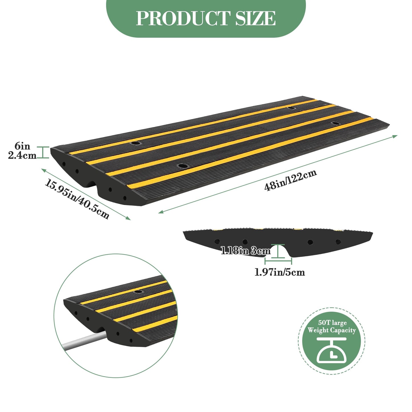 48" Driveway Ramp 2 Pack Heavy Duty Rubber Curb Ramps for Cars SUVs Trucks, Low Profile with Water Drainage, Garage Sidewalk Transition Solution