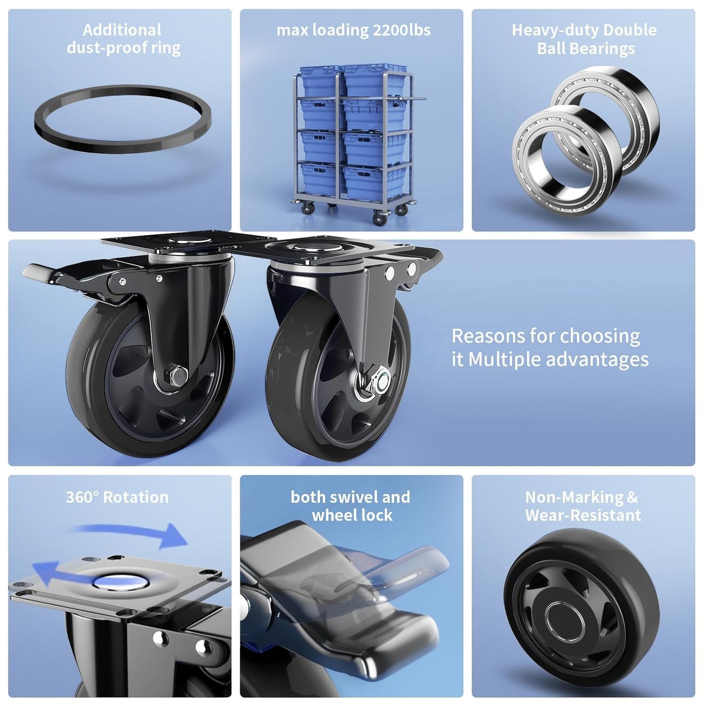 4 Inch Caster Wheels with Brake, Heavy Duty Casters Set of 4, Swivel Top Plate Casters with Double Ball Bearings, Industrial Locking Castor Wheels For Furniture, Workbench, Cabinet(Free Hardware Kits)
