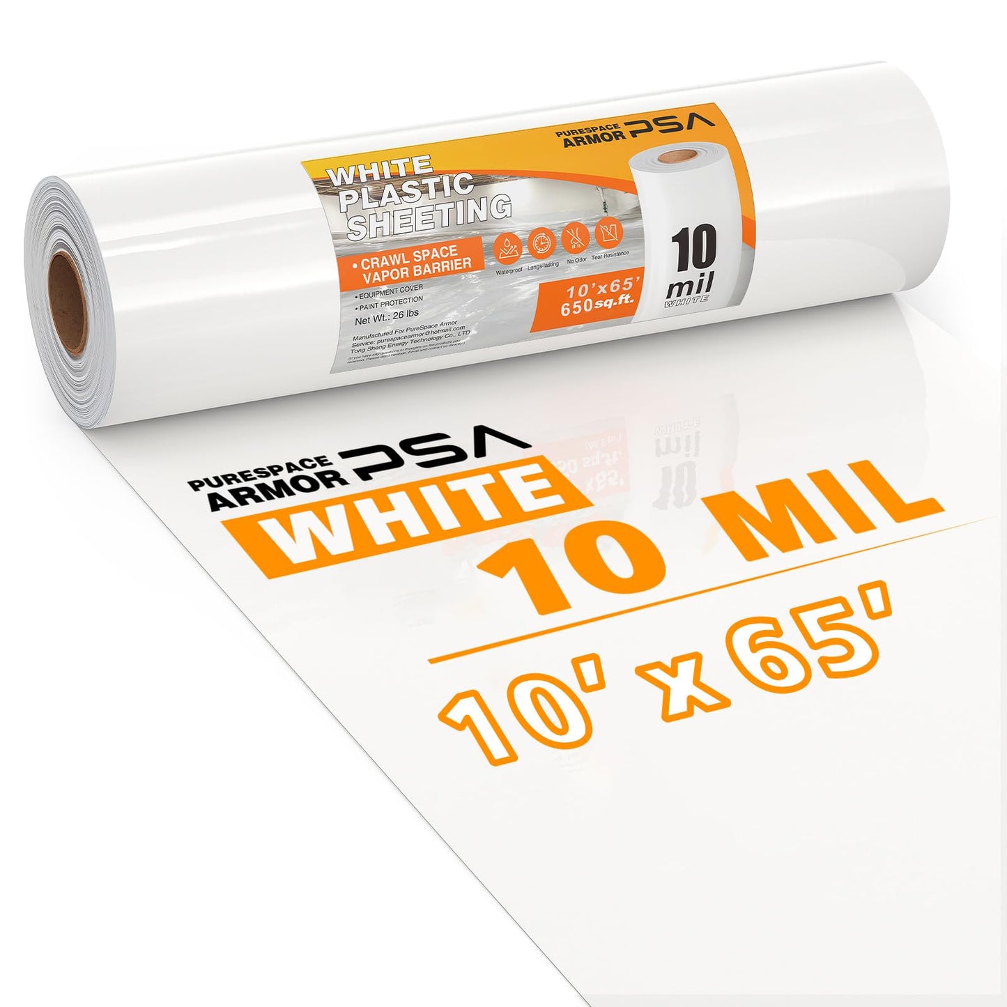 Crawl Space Vapor Barrier, 10mil Film, 10'x65', White Plastic Sheeting - Thick Plastic Sheeting, Heavy Duty Polyethylene Film, Drop Cloth Vapor Barrier Covering for Crawl Space, Garden, Basement