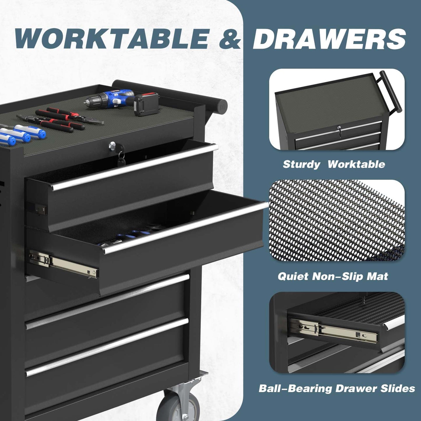 Yaciente 5-Drawer Tool Chest, Rolling Tool Box with Wheels, High Capacity Detachable Mobile Tool Storage Cabinet for Workshop, Garage, Mechanics and Repair Room (Black, 5-Drawer)