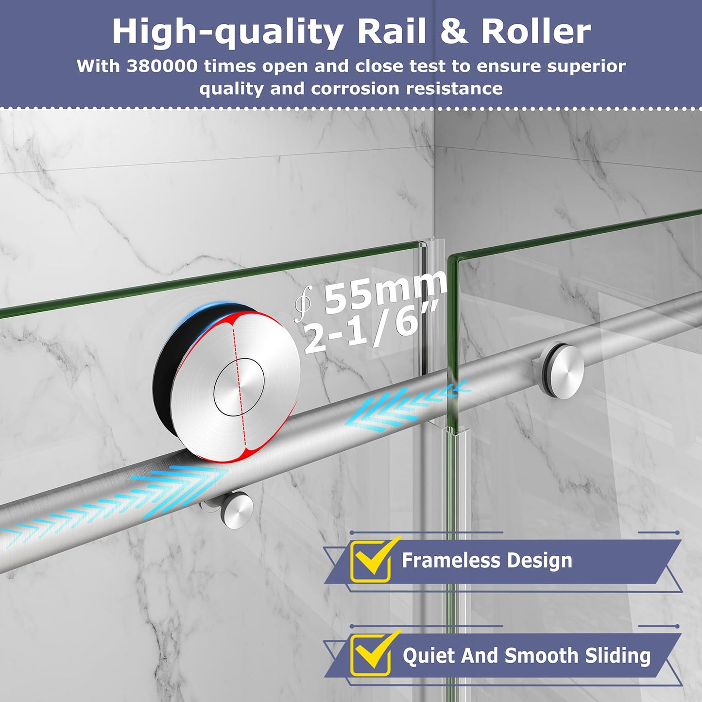 EPXMKX 55"-60" W x 63" H Bathtub Soft Closing Sliding Shower Door,Water Repellent Frameless Tub Shower Door with 5/16" (8mm) Nano Explosion-Proof Film Transparent Glass (Brushed Nickel 60" Wx63 H)