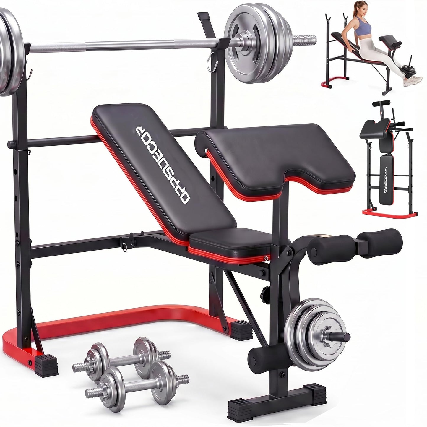 OPPSDECOR Adjustable Weight Bench with Leg Extension, Leg Curl & Preacher Curl, Foldable Workout Bench Set with Rack for Home Gym Full Body Strength Training
