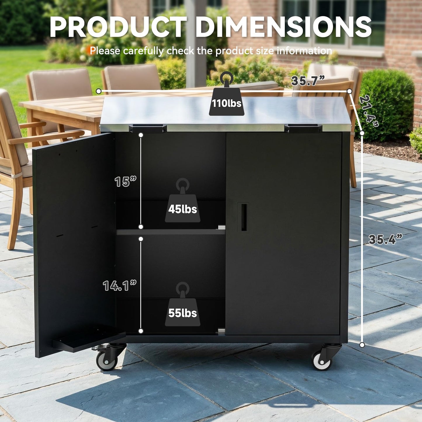 ADREAK Outdoor Grill Table, Movable Grill Cart with Door, Outdoor Grill Stand with Large Capacity ＆ Hooks, 2 Tier Pizza Oven Table for Outdoor Use