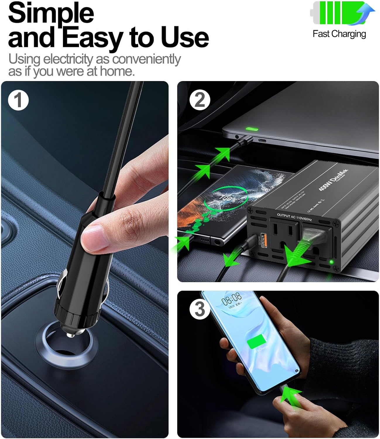 DrimMek 400W 12V 110V 65W 24W Car Power Inverter - Dual DC to AC Car Plug Adapter Outlets, Fast Charging USB C & Port