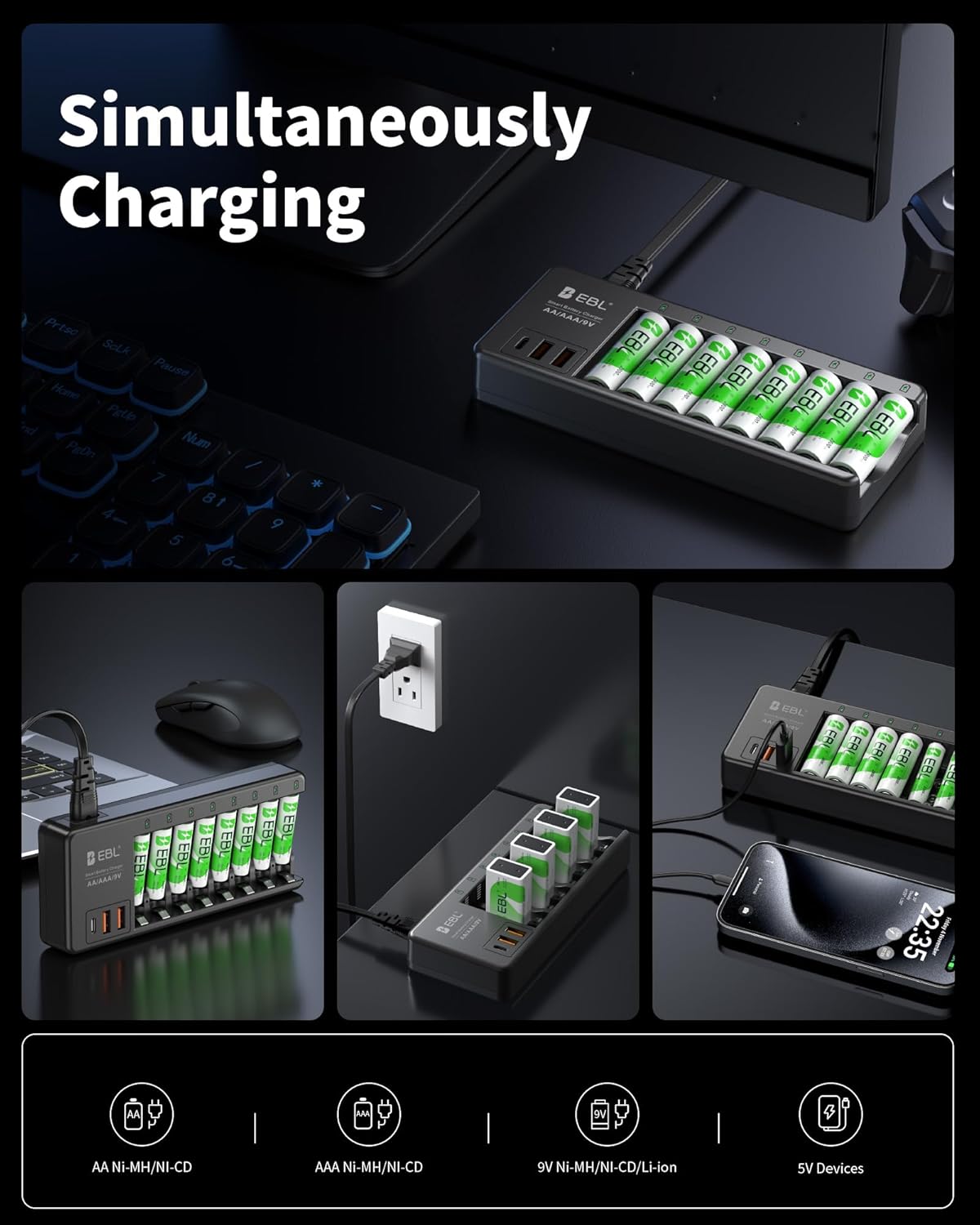 EBL 9V 9V 2 1 AA AAA Individual Battery Charger for AA AAA NiMH NiCD Rechargeable Battery, with USB-A & USB-C Charging