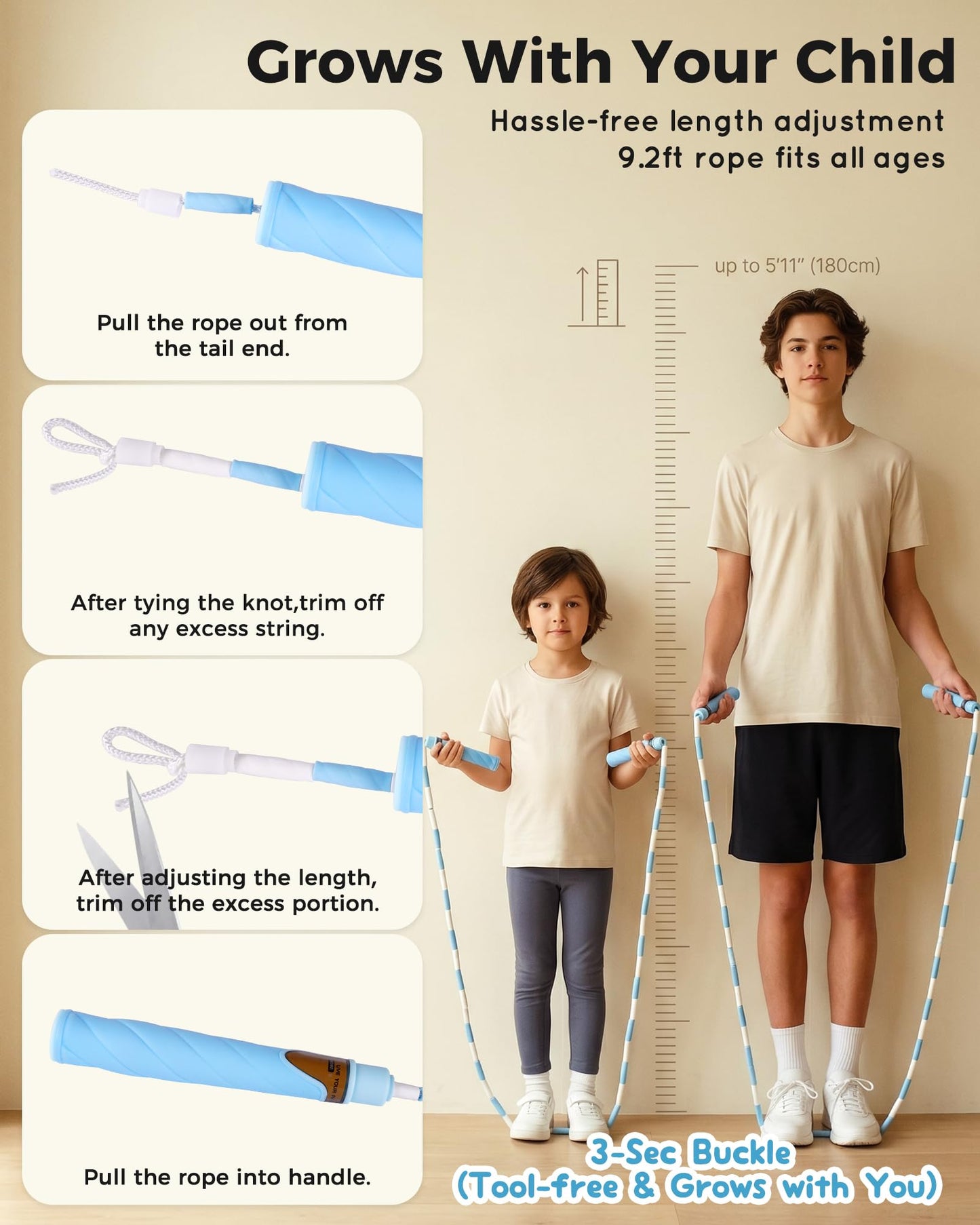 YUEDONG Adjustable ULTRA-SOFT Beaded Jump Rope for Kids Beginners - Tangle-Free Skipping Rope with Marshmallow-Soft TPU Beads, Ergonomic Thumb Groove Anti-Slip Handles, Crisp Rhythmic Click Sound & Waterproof Name Tag Sticker for Safe Fun Exercise (1, PIN