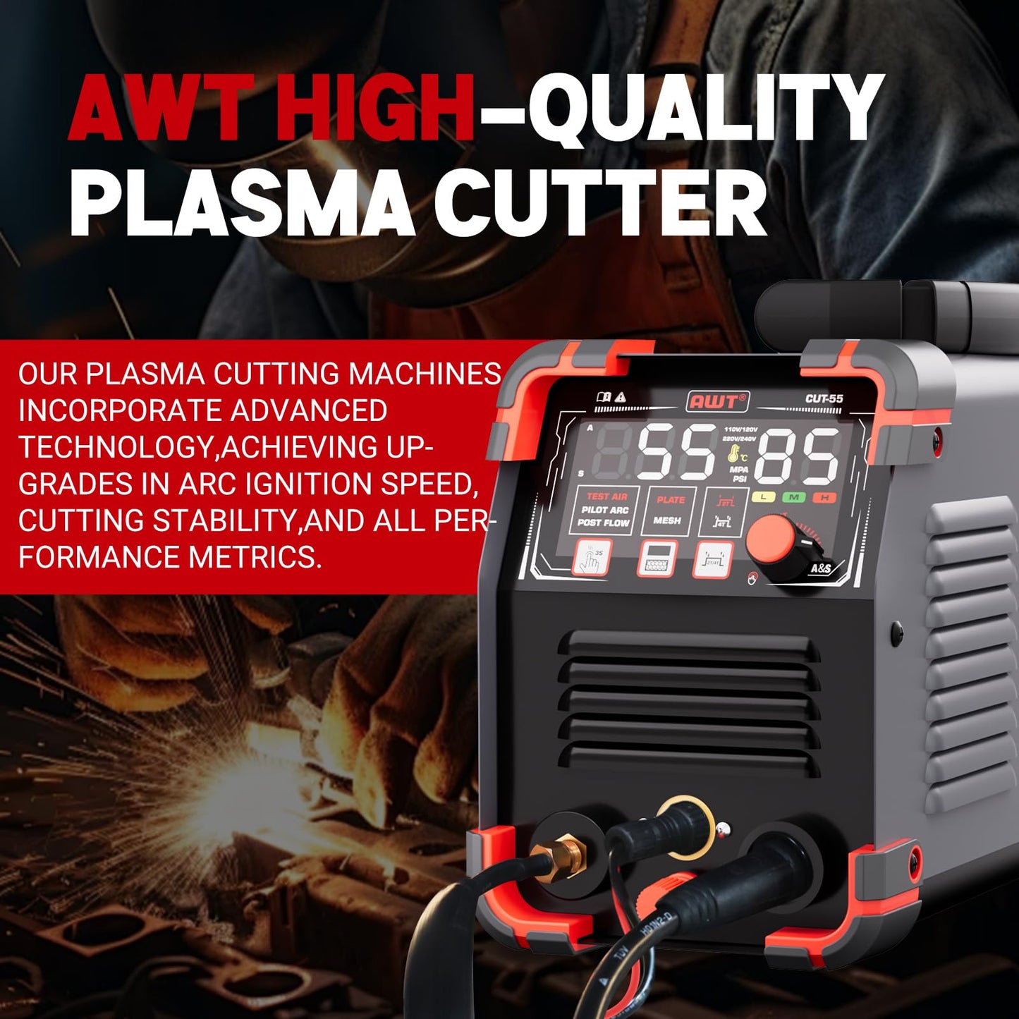 AWT Plasma Cutter,Large LED Display Cutter Machine 55Amps with Non-Touch Pilot Arc,110/220V Dual VoltagePlasma Cutting Machine,IGBT Inverter Air Sensor Technology&2T/4T,Max Cut 3/4"Plate/Mesh Cutting