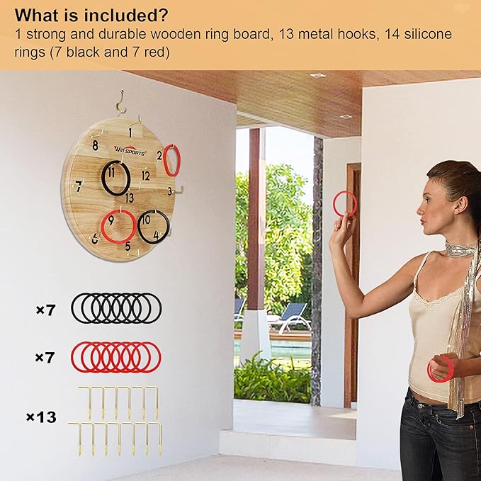 Ring Toss Game,Indoor Outdoor for Kids Adults Family,Fun Tailgate or Hangs on Wall,Exciting Gift Idea, Safe & Durable Design,Includes 13 Metal Hooks and 14 Rubber Rings