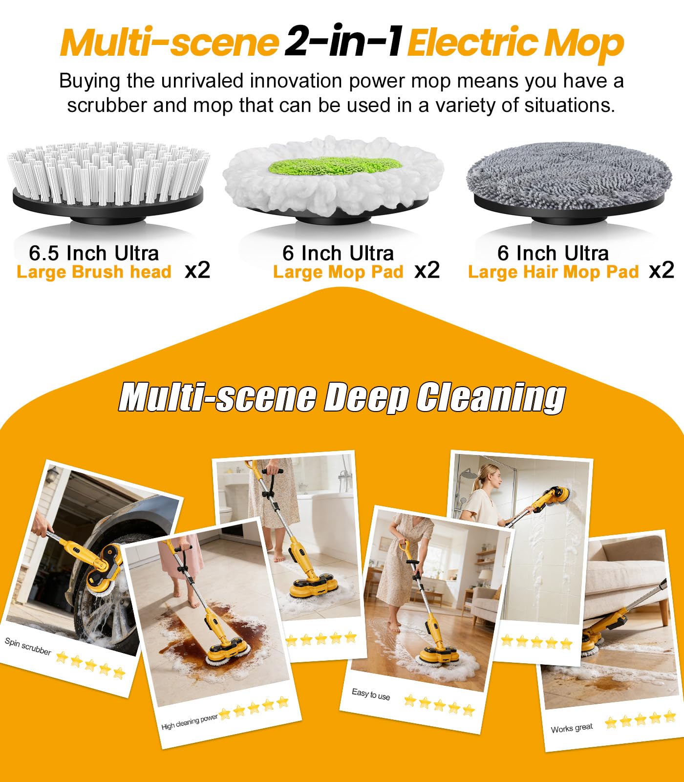 qimedo 6000mAh Battery Cordless Electric Mop M3, 800RPM Electric Power Scrubber & Mops for Floor Cleaning, Automatic Spin Mops with Smart Display,Rotating Mop with LED Light & Water Spray