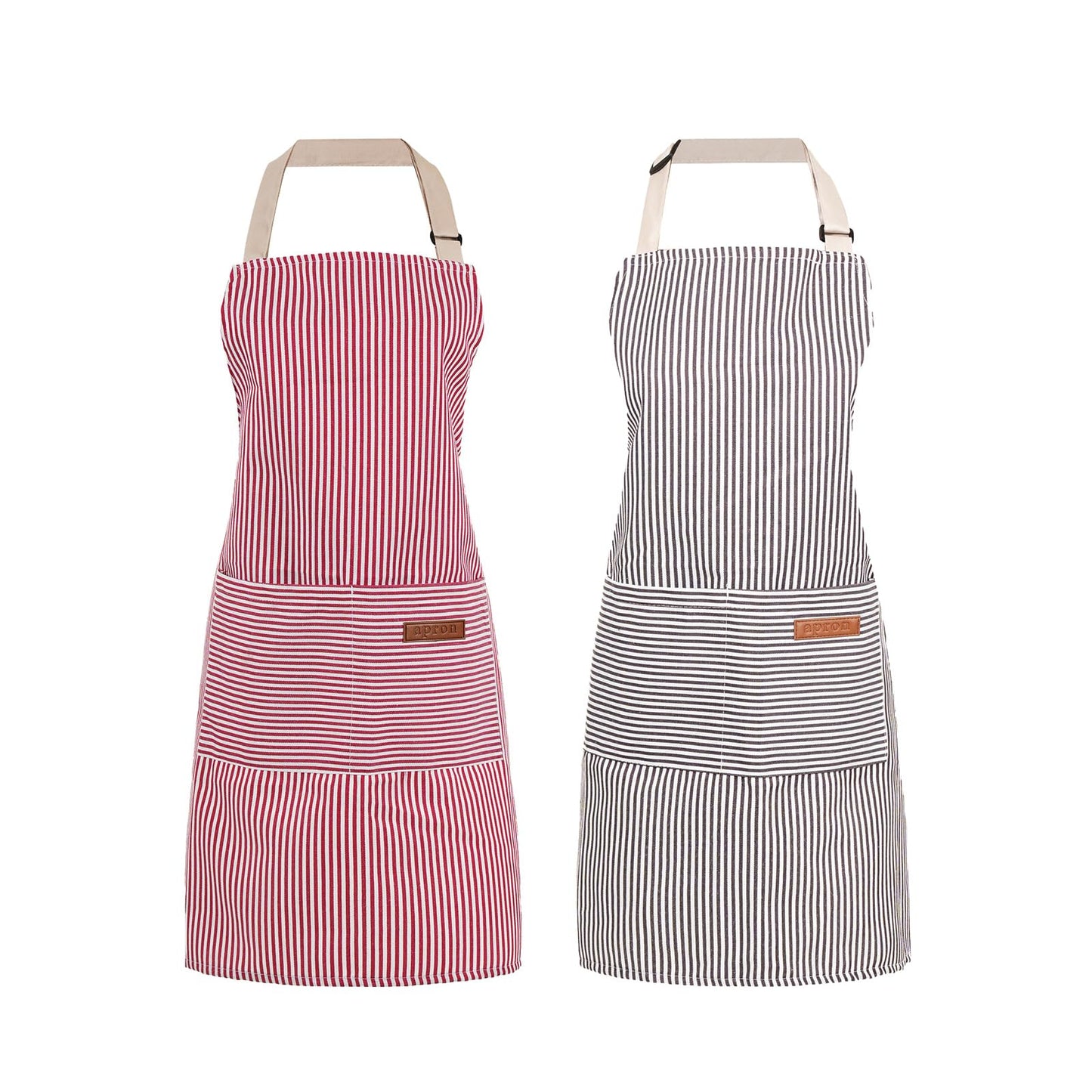 ARBINSON 2 Pack Cooking Aprons Adjustable Bib Apron for Women with 2 Pockets, Kitchen Restaurant Men Chefs Aprons (Pink/Beige Stripes)