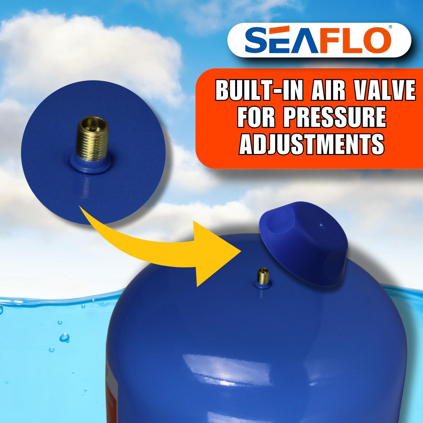 SEAFLO 2 Gallon Pre-Pressurized Accumulator Expansion Tank – Reduces Pump Cycling, Smooth Water Flow, 87 PSI, 3/4" MNPT, Compact Design for RV, Marine, Boat & Off-Grid Systems – 4-Year Warranty