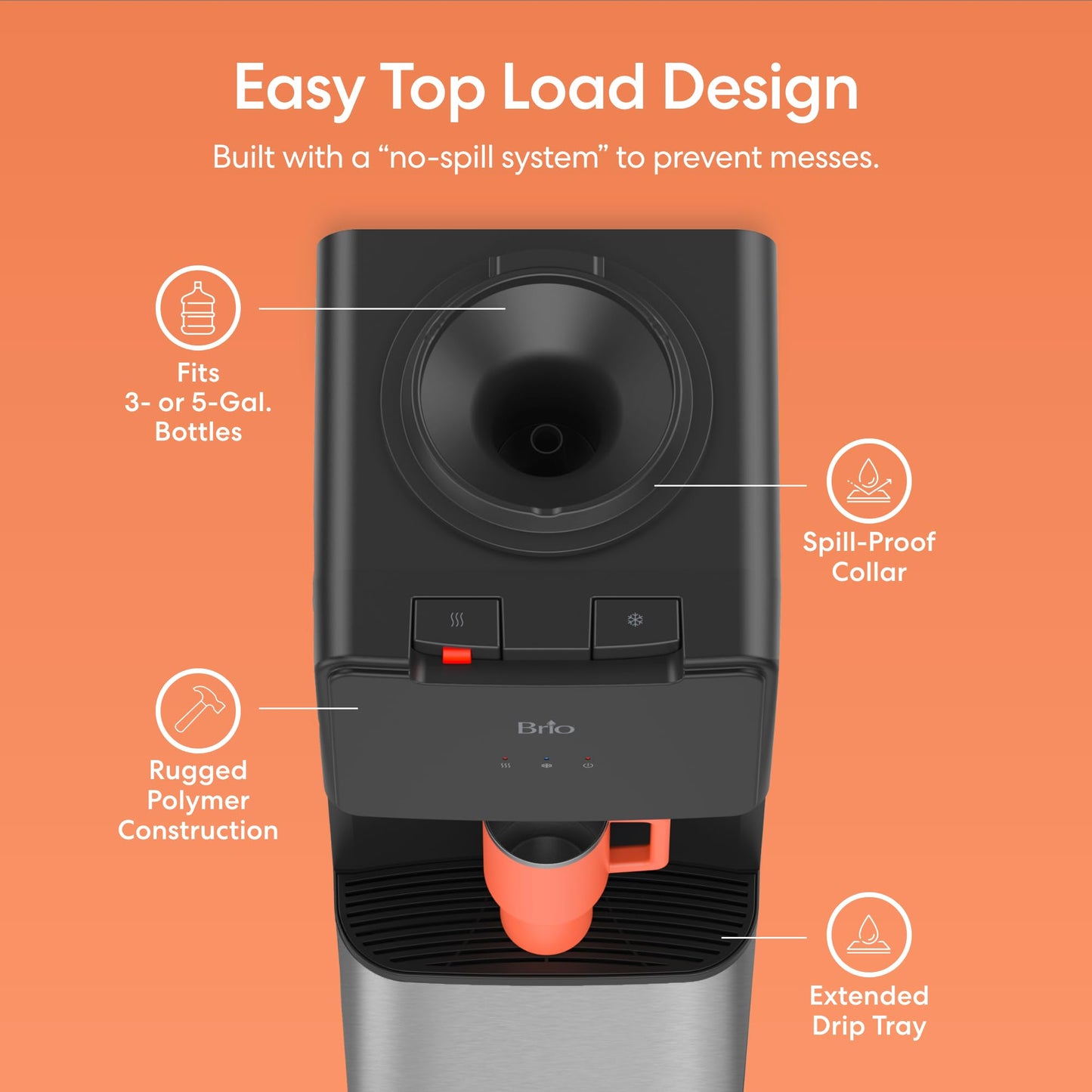 Brio 130 Series Top-Load Water Cooler Dispenser for 3- and 5-Gallon Bottles, Hot & Cold, Spill-Free Loading, Child Safety Lock, Energy Star 3.0, Black & Stainless