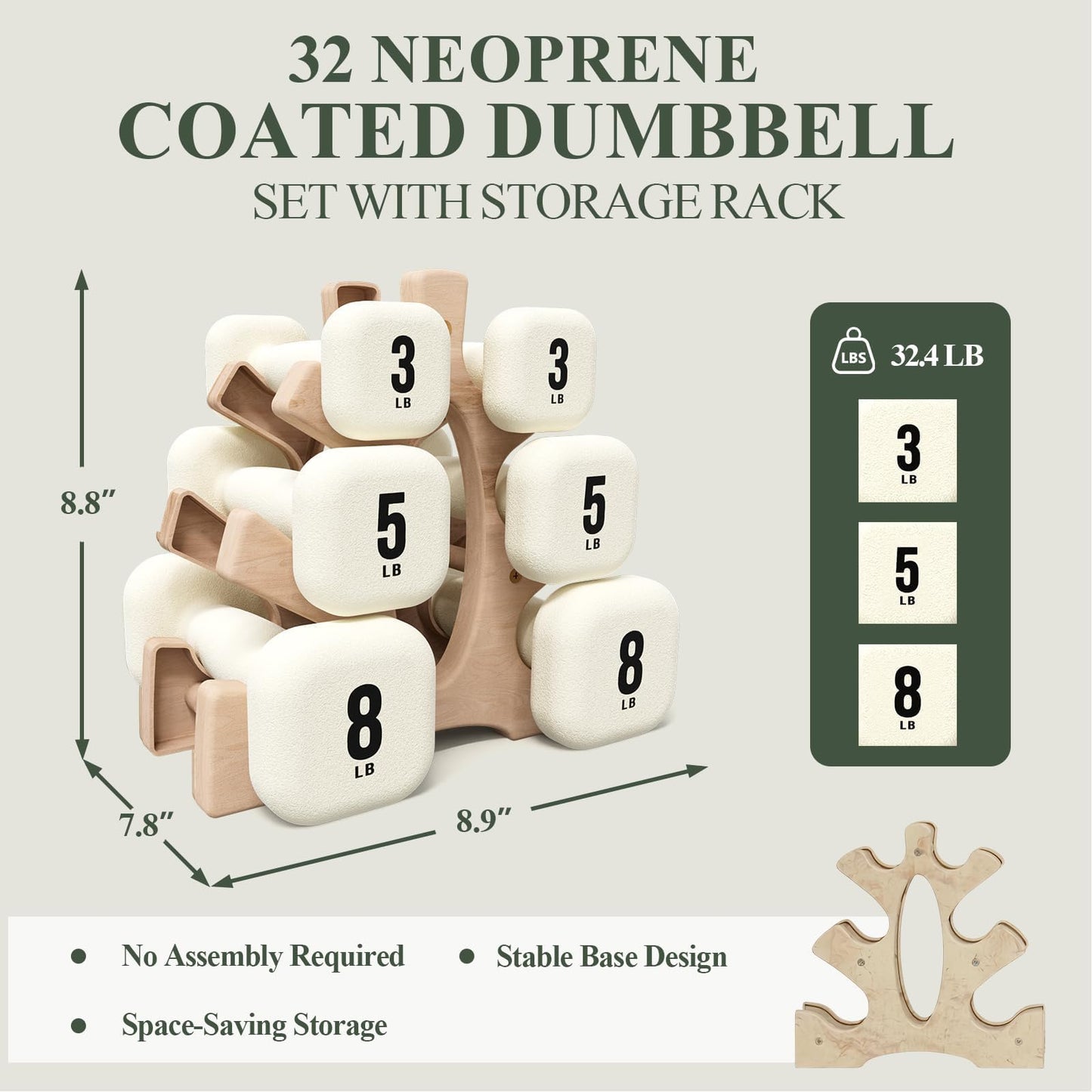 PAETA Neoprene Dumbbell, Hand Weights with Curved Grip for Women, Anti-Slip, Anti-Roll, Square Dumbbells for Full-Body Workout, Strength Training | 32LB Set with Rack