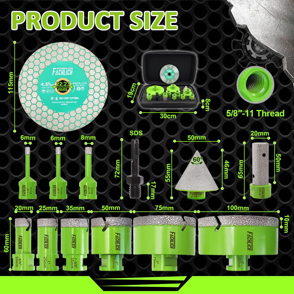 FACHLICH 4" 5" Diamond Core Drill Bits Set and 4.5" Diamond Cutting Grinding Blade for Porcelain Ceramic Tile Marble Granite etc