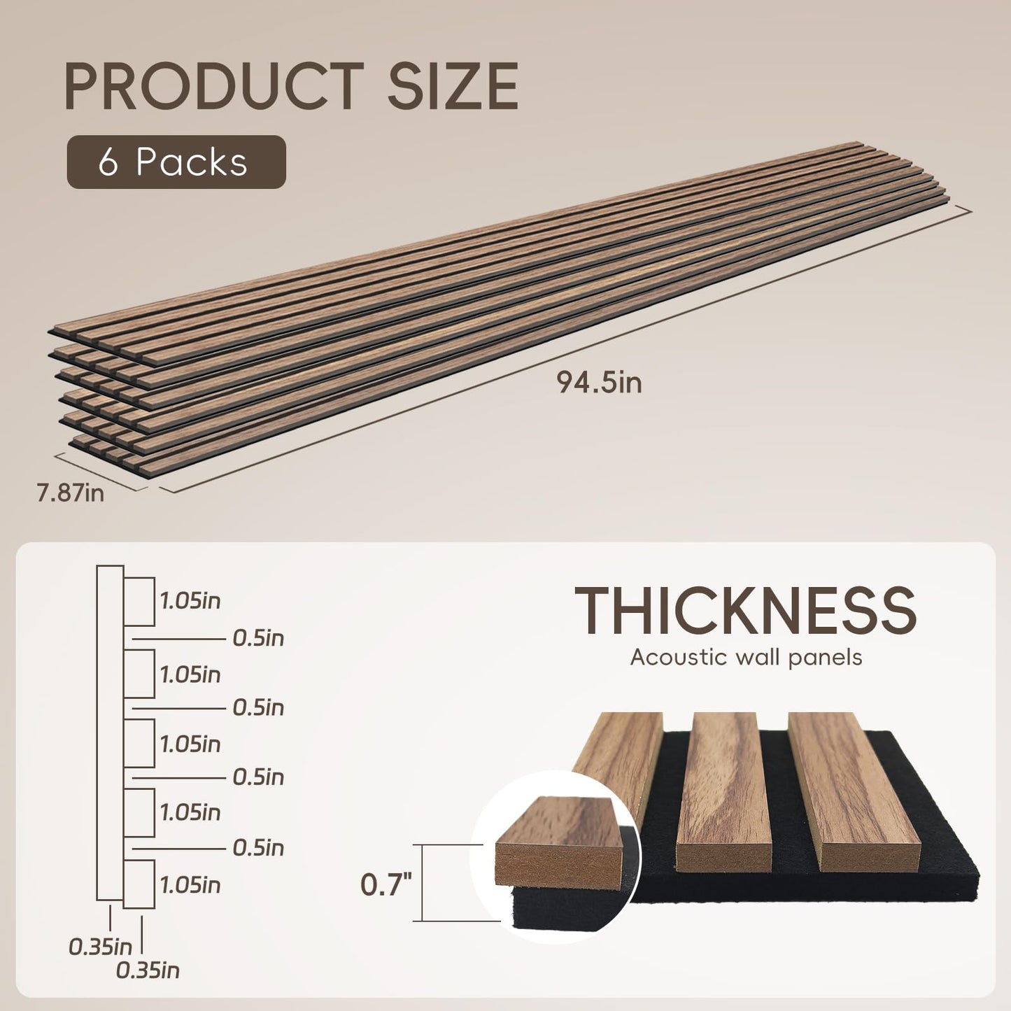 EVERECO 6 Pack Wood Panels for Wall 94.5" × 7.87" Acoustic Soundproof Wall Slat Panels, 3D Wall Panels for Home Office Decoration, Natural Walnut