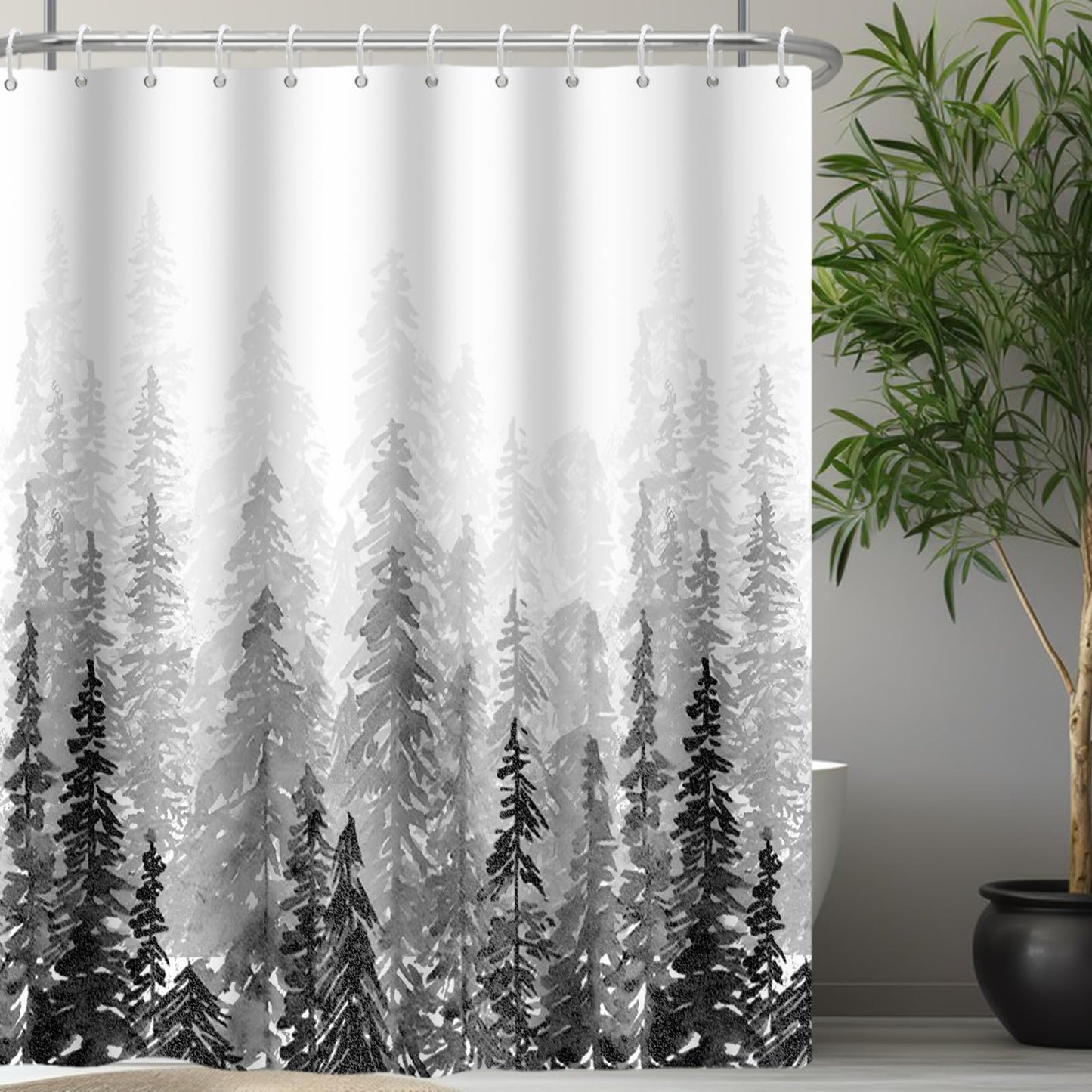 RiePoiia Black and White Misty Forest Shower Curtain for Bathroom,Waterproof Fabric Bathroom Curtains Washable Nature Pine Tree Fog Shower Curtain Set with 12 Pcs Hooks, 72x72 Inch
