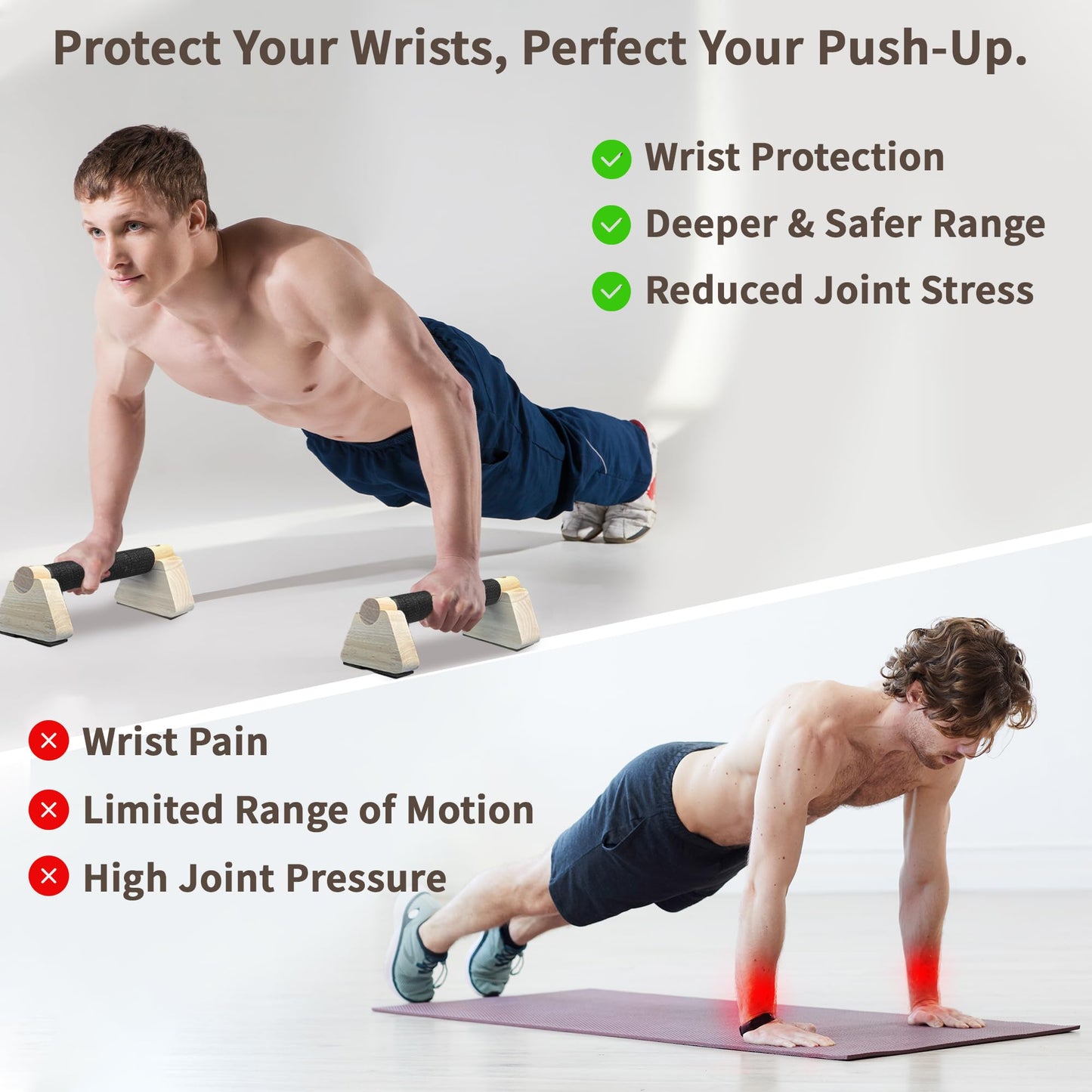 Parallettes Bars, Wooden Push Up Bars with Wrist Wraps for Men & Women, Handstand Training Bars for Home Gym, Non-Slip Calisthenics Equipment, 440lbs Durable Floor Push Up Handles (20cm)