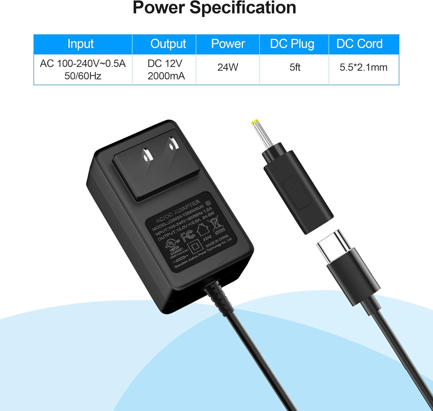 WAMOVAL 12V 2A 24W 100-240V 50-60HZ 5.5X2.5MM 3.5X1.35MM (5FT) Type C Power Supply Universal AC/DC Adapter Input